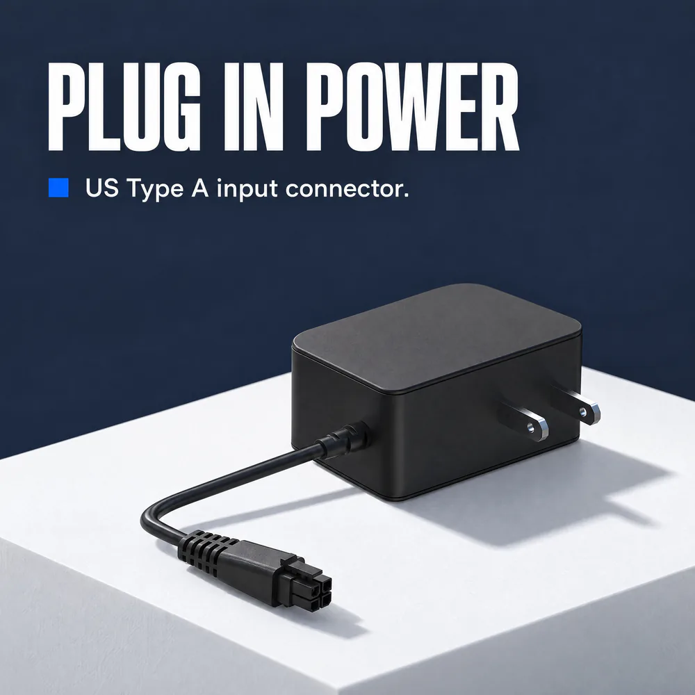 Black US Type A power supply adapter with cable and 4-pin connector. PLUG IN POWER. US Type A input connector.