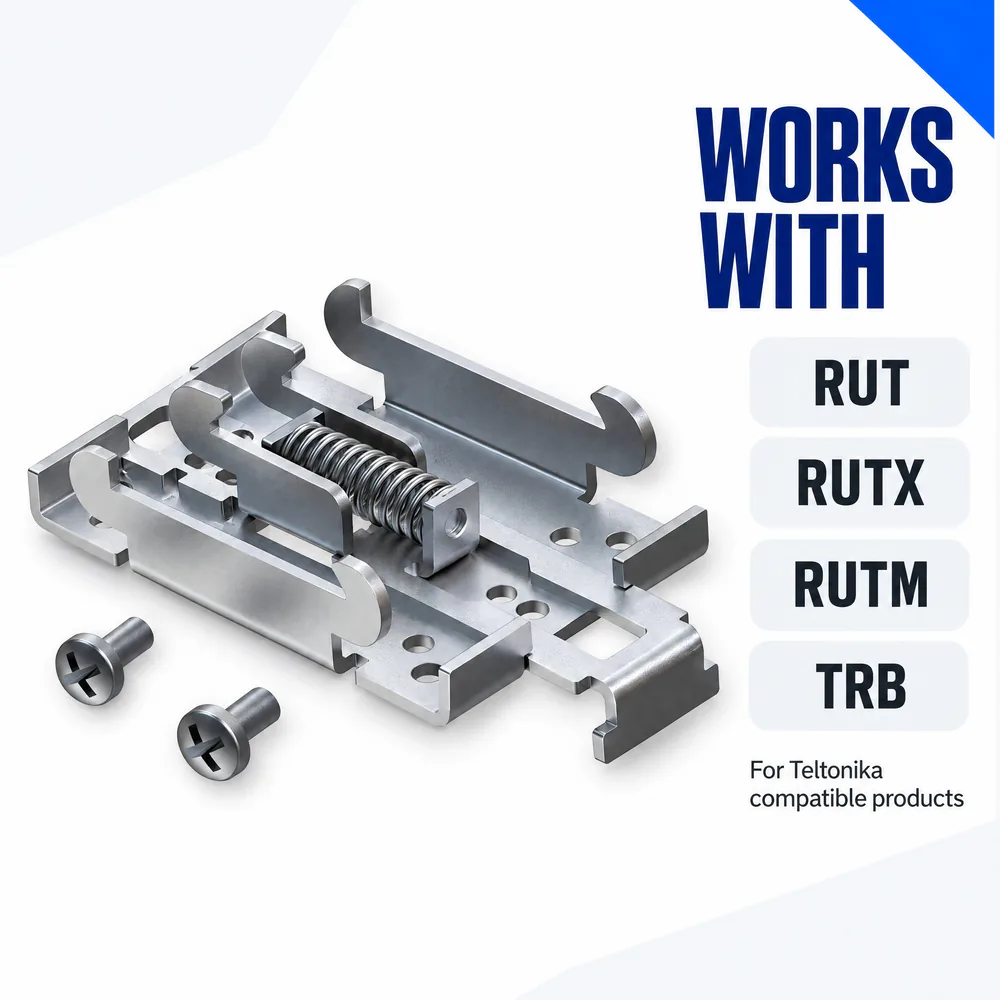 Teltonika PR5MEC00 DIN rail kit with metal bracket and screws. WORKS WITH RUT RUTX RUTM TRB