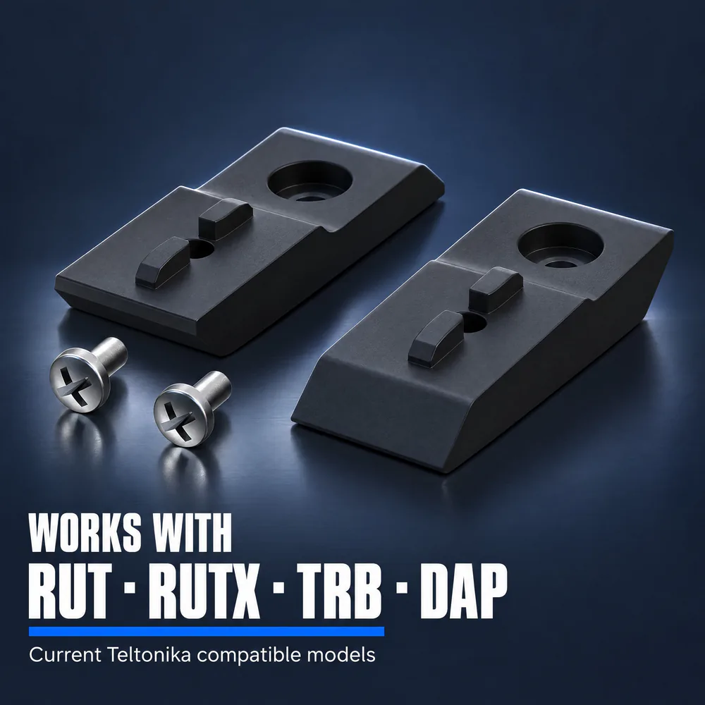 Teltonika surface mounting kit with two black brackets and screws. WORKS WITH RUT - RUTX - TRB - DAP