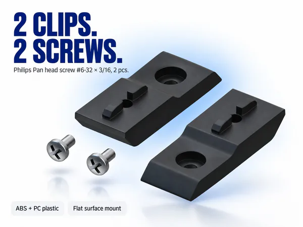 2 CLIPS. 2 SCREWS. — Philips Pan head screw #6-32 × 3/16, 2 pcs. — ABS + PC plastic, Flat surface mount — Two black mounting clips with two silver screws