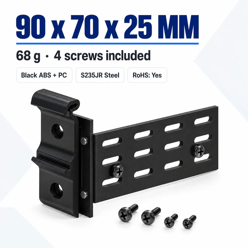 Teltonika PR5MEC23 black DIN rail kit adapter with mounting plate and screws, 90 x 70 x 25 MM; 68 g · 4 screws included