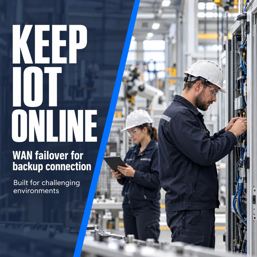 Factory technicians at control cabinet. KEEP IOT ONLINE WAN failover for backup connection Built for challenging environments