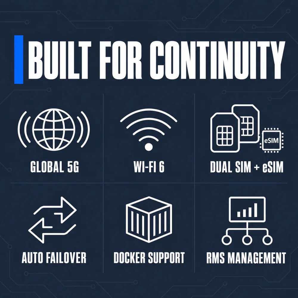 Teltonika RUTC54 feature icons: BUILT FOR CONTINUITY; GLOBAL 5G, WI-FI 6, DUAL SIM + eSIM, AUTO FAILOVER, DOCKER SUPPORT, RMS MANAGEMENT