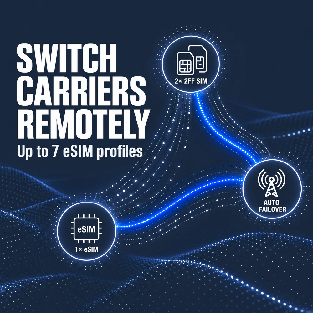 Graphic with eSIM, SIM and auto failover icons. SWITCH CARRIERS REMOTELY Up to 7 eSIM profiles