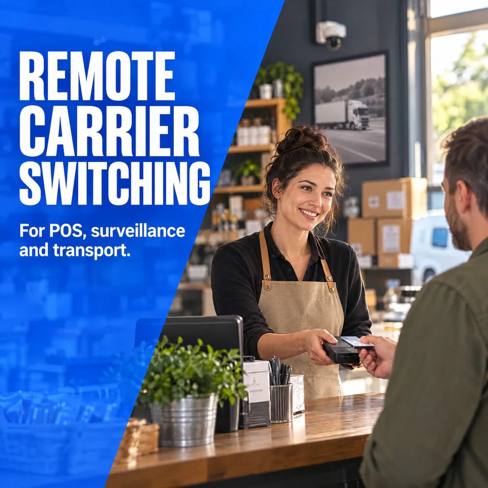 Cashier taking card payment at POS terminal in café; REMOTE CARRIER SWITCHING For POS, surveillance and transport.