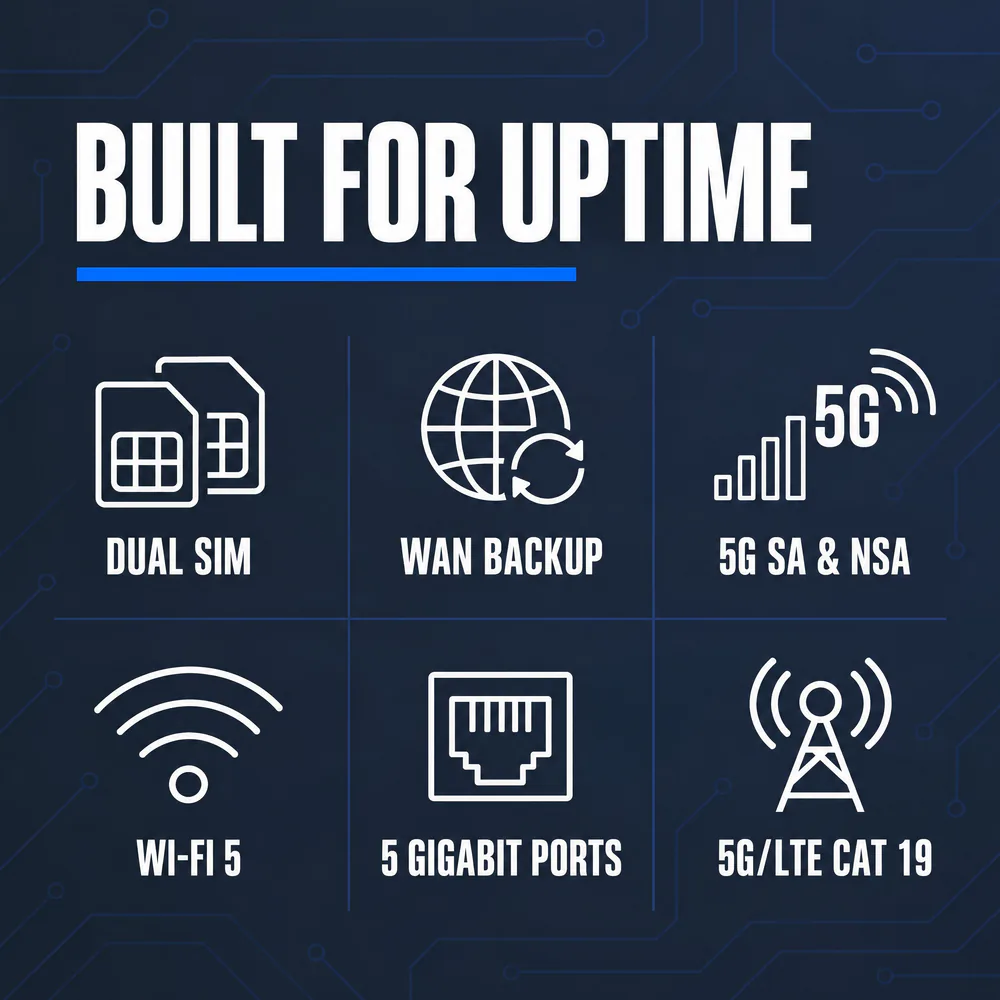 Feature icons for Teltonika RUTM50 5G router: Dual SIM, WAN Backup, 5G SA & NSA, Wi-Fi 5, 5 Gigabit Ports, 5G/LTE CAT 19; BUILT FOR UPTIME