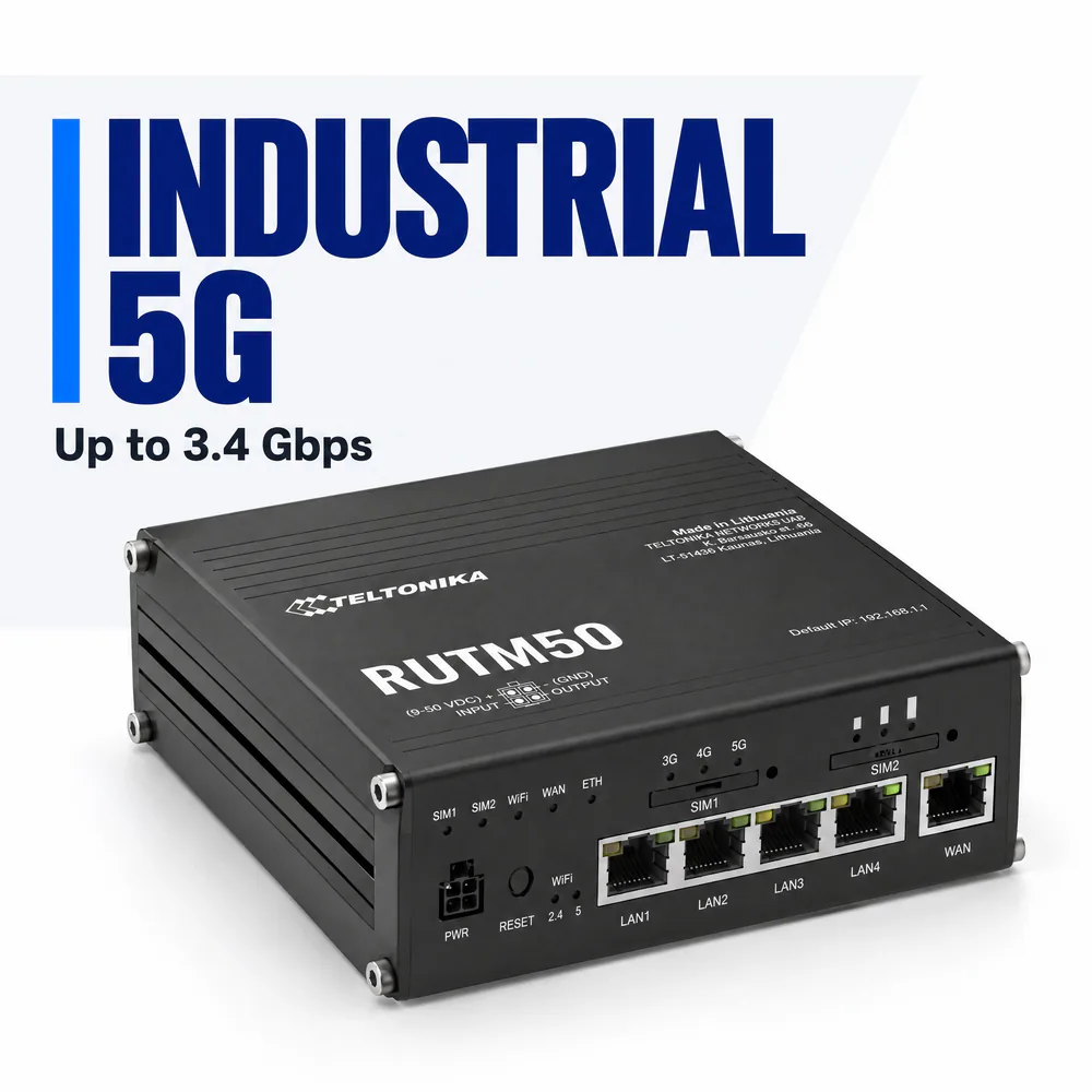Teltonika RUTM50 5G industrial router front view with ports; INDUSTRIAL 5G Up to 3.4 Gbps