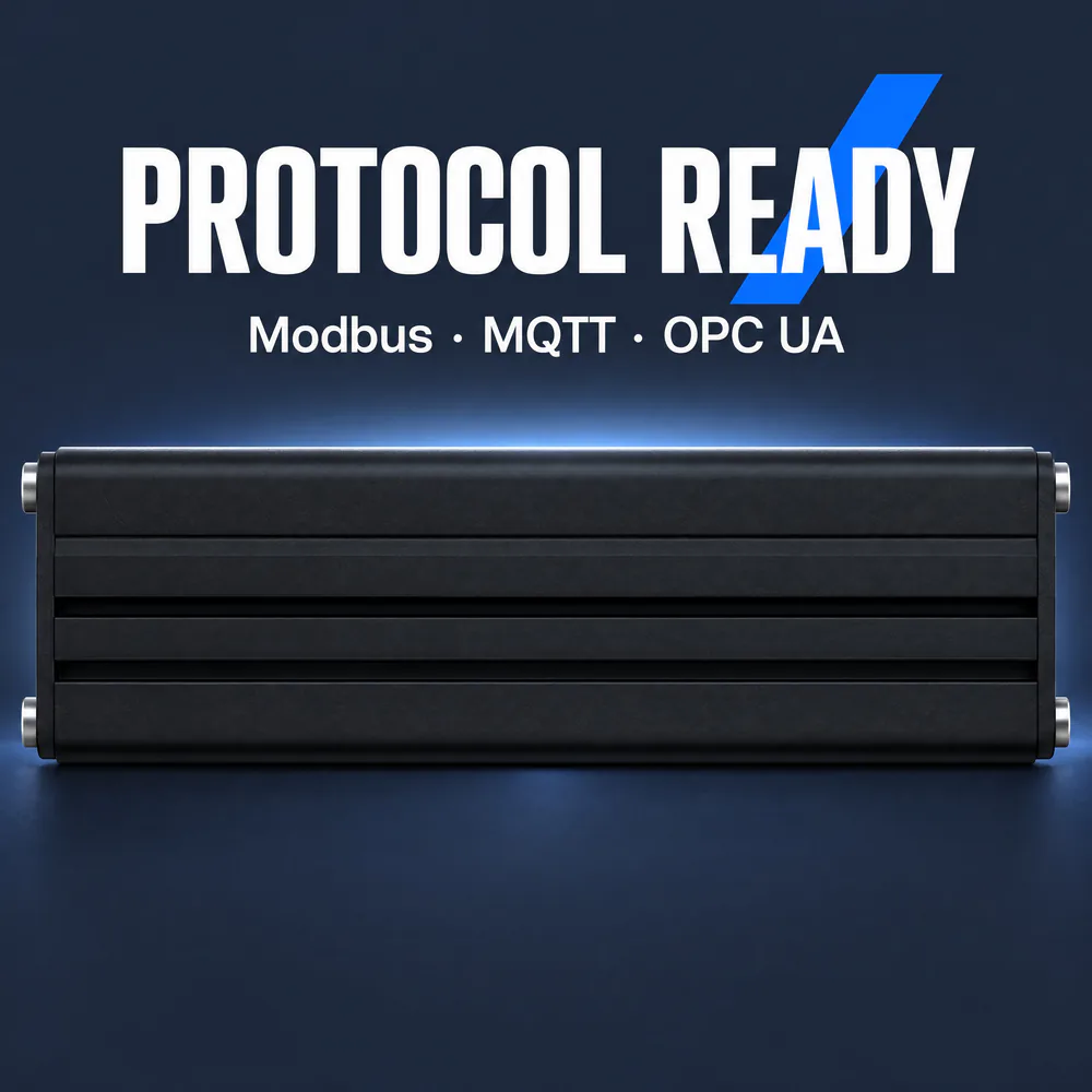 Black Teltonika RUTM50 router with headline: PROTOCOL READY Modbus · MQTT · OPC UA