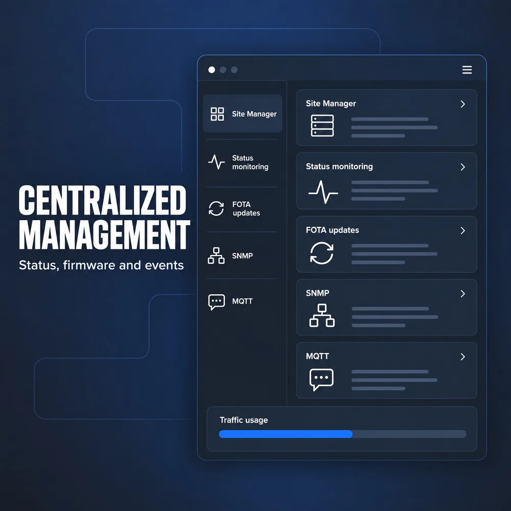 Dashboard UI with Site Manager, status monitoring, FOTA, SNMP and MQTT panels. CENTRALIZED MANAGEMENT