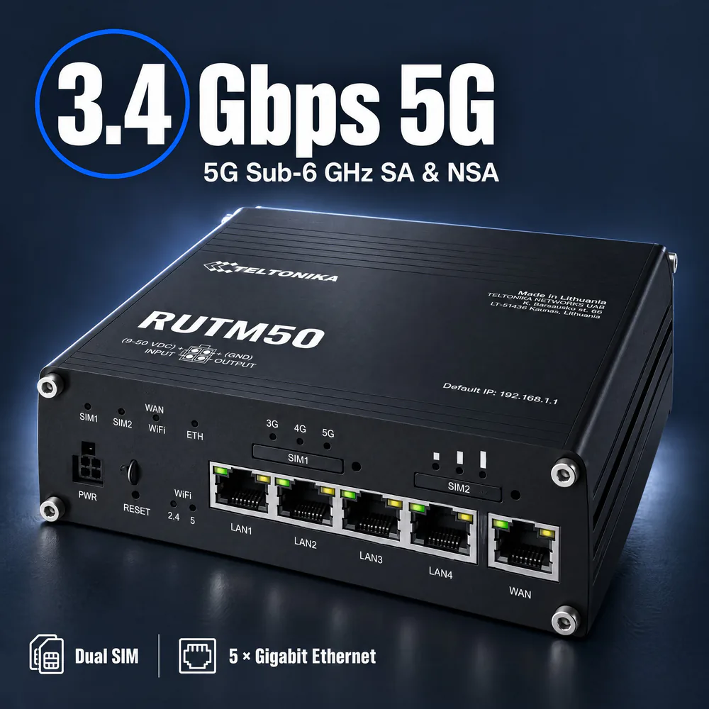 Teltonika RUTM50 5G industrial router with Ethernet ports, 3.4 Gbps 5G, 5G Sub-6 GHz SA & NSA, Dual SIM, 5 × Gigabit Ethernet