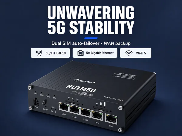 UNWAVERING 5G STABILITY — Dual SIM auto -failover · WAN backup — 5G/LTE Cat 19, 5× Gigabit Ethernet, Wi‑Fi 5 — TELTONIKA, RUTM50, Default IP: 192.168.1.1, SIM1, SIM2, WAN, WiFi, ETH, 3G, 4G, 5G, PWR, RESET, LAN1–4 — Black industrial router angled with ports
