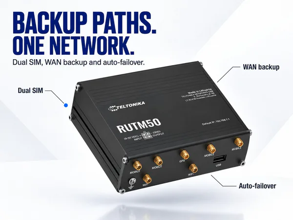 BACKUP PATHS. ONE NETWORK. — Dual SIM, WAN backup and auto-failover. — Dual SIM, WAN backup, Auto-failover — TELTONIKA, RUTM50, (3-50 VDC) INPUT, (GND) OUTPUT, Made in Lithuania, Default IP: 192.168.1.1, MOBILE, MOBILE, USB, GPS, WIFI, MOBILE, WIFI, WIFI — Black router with gold connectors