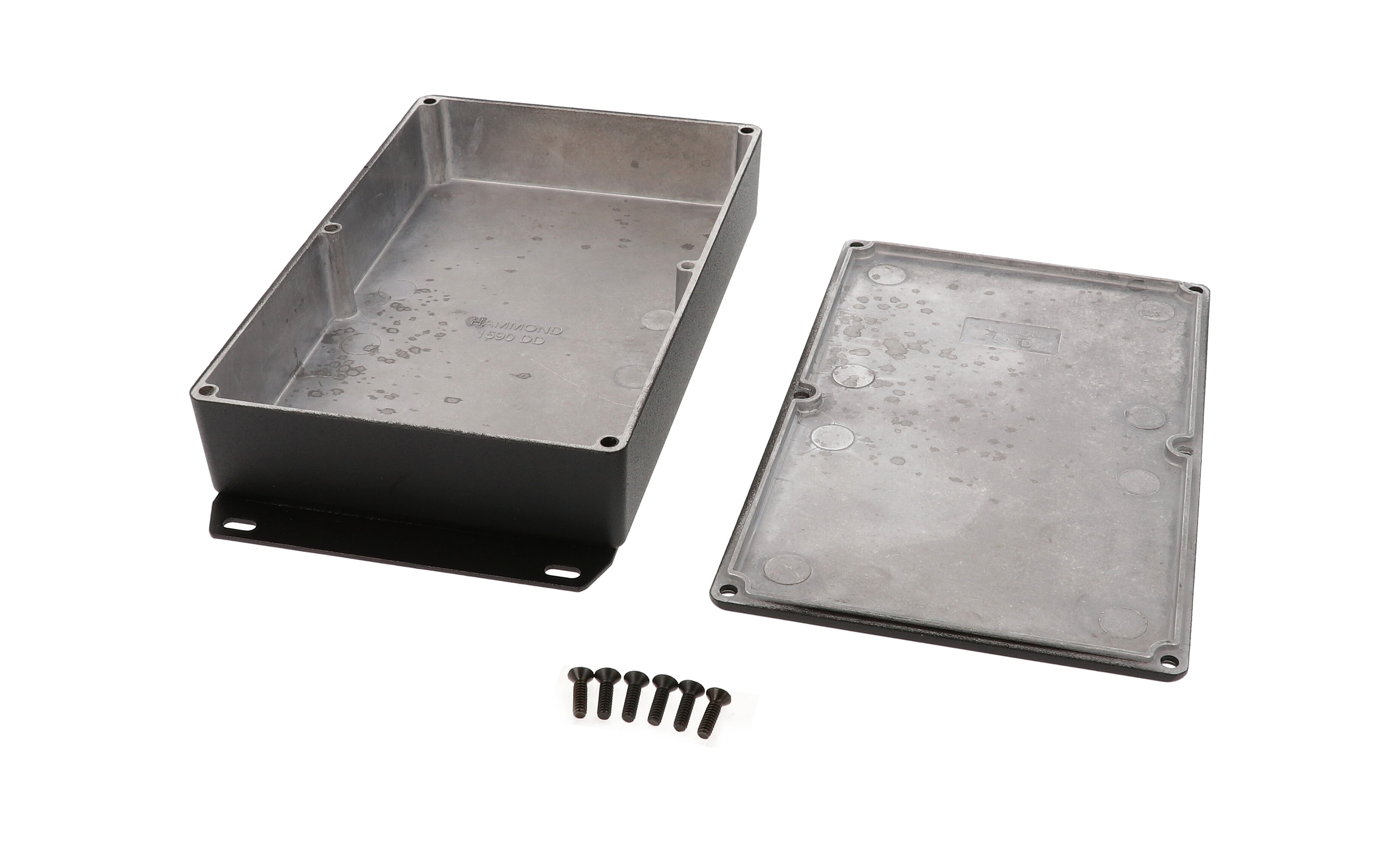 1590DDFBK textured black diecast aluminum enclosure with welded mounting flange