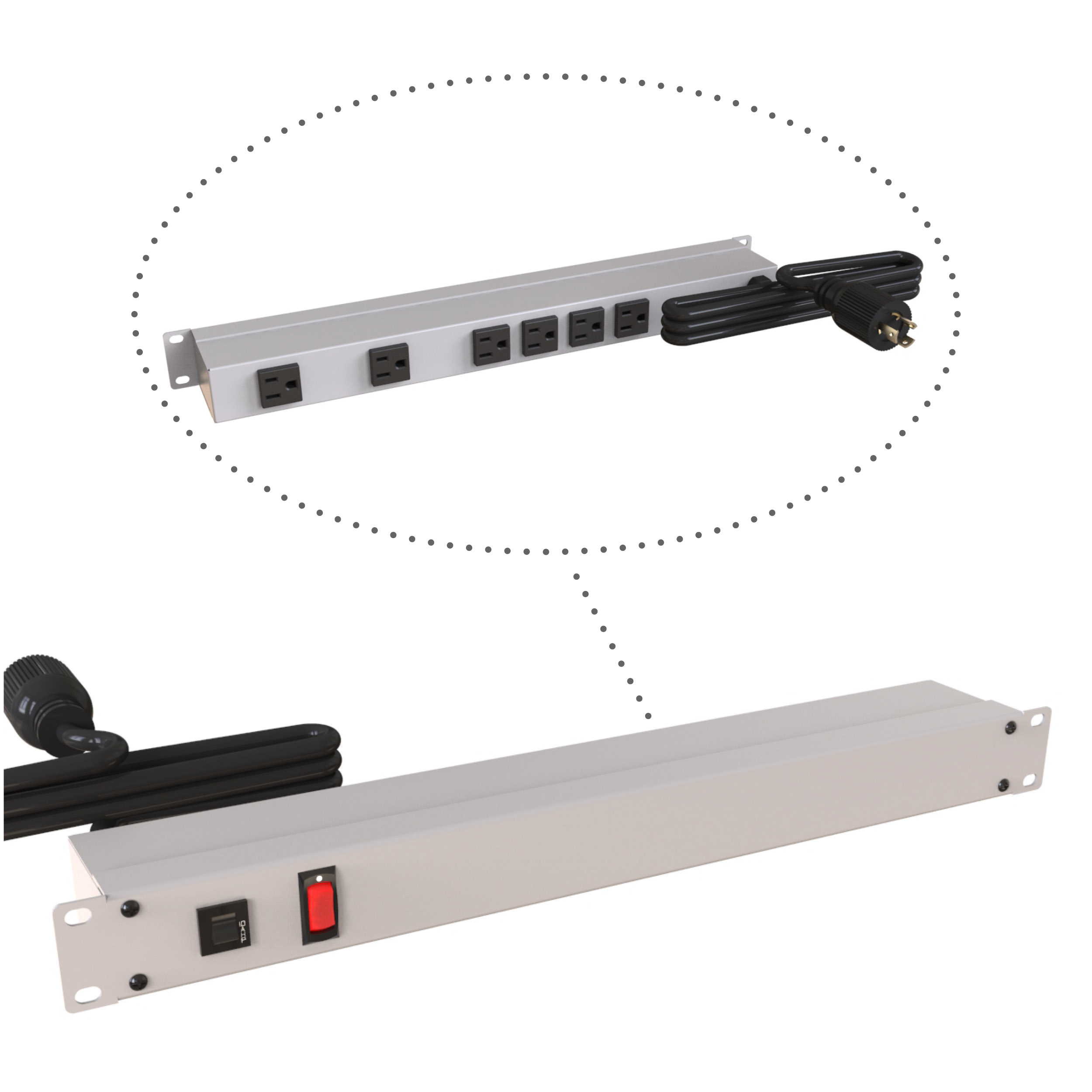 Hammond 1583H6C1 1U 19-inch rack mount PDU in ASA 61 grey with six rear 5-15R outlets, front on/off rocker switch and 6 ft L5-15P locking cord
