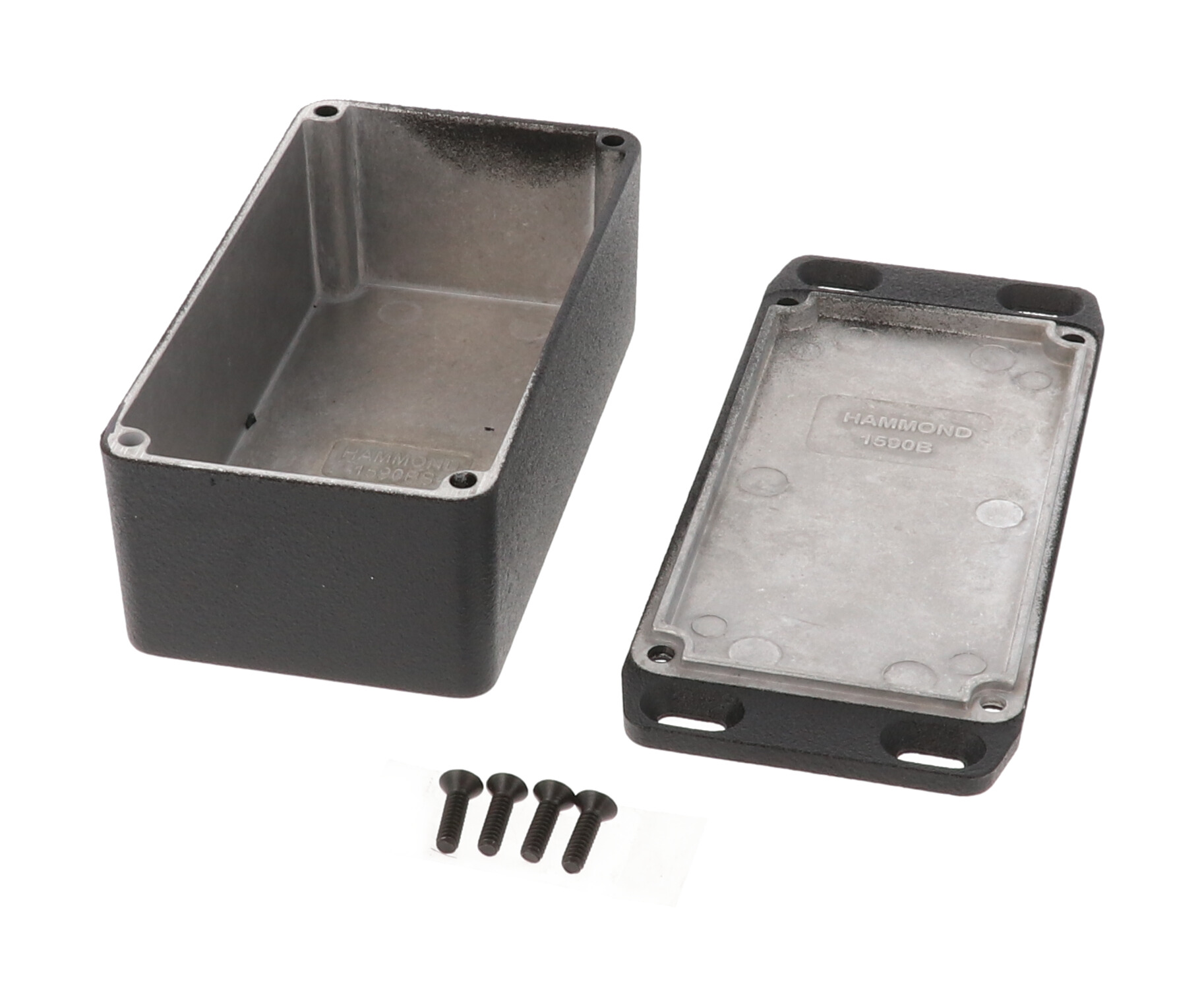 1590BSFLBK black textured diecast aluminum enclosure with flanged mounting lid