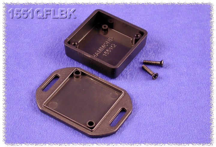 1551QFLBK black ABS miniature enclosure with flanged mounting lid, 40 x 40 x 15 mm