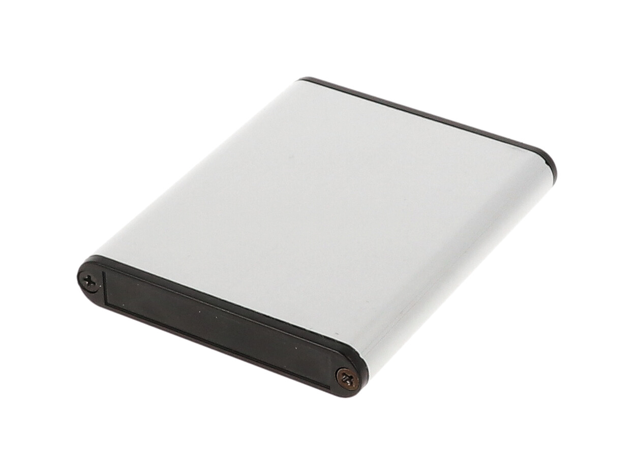 1455A802 clear anodized extruded aluminum PC board enclosure, 80 x 70 x 12 mm, with black plastic end panels