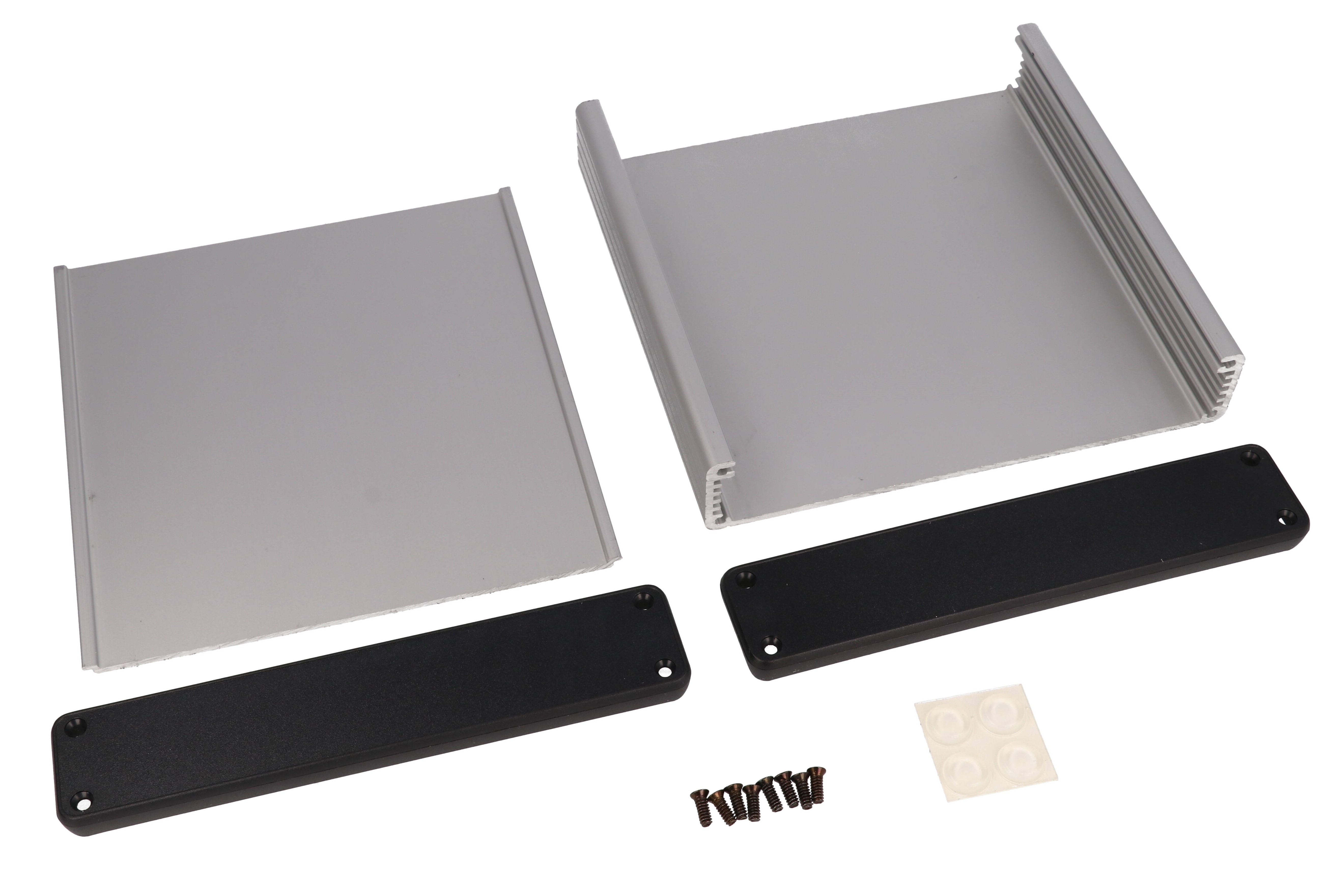 1455R1602 clear anodized extruded aluminum PC board enclosure, 160 x 165 x 30.5 mm, with black plastic end panels