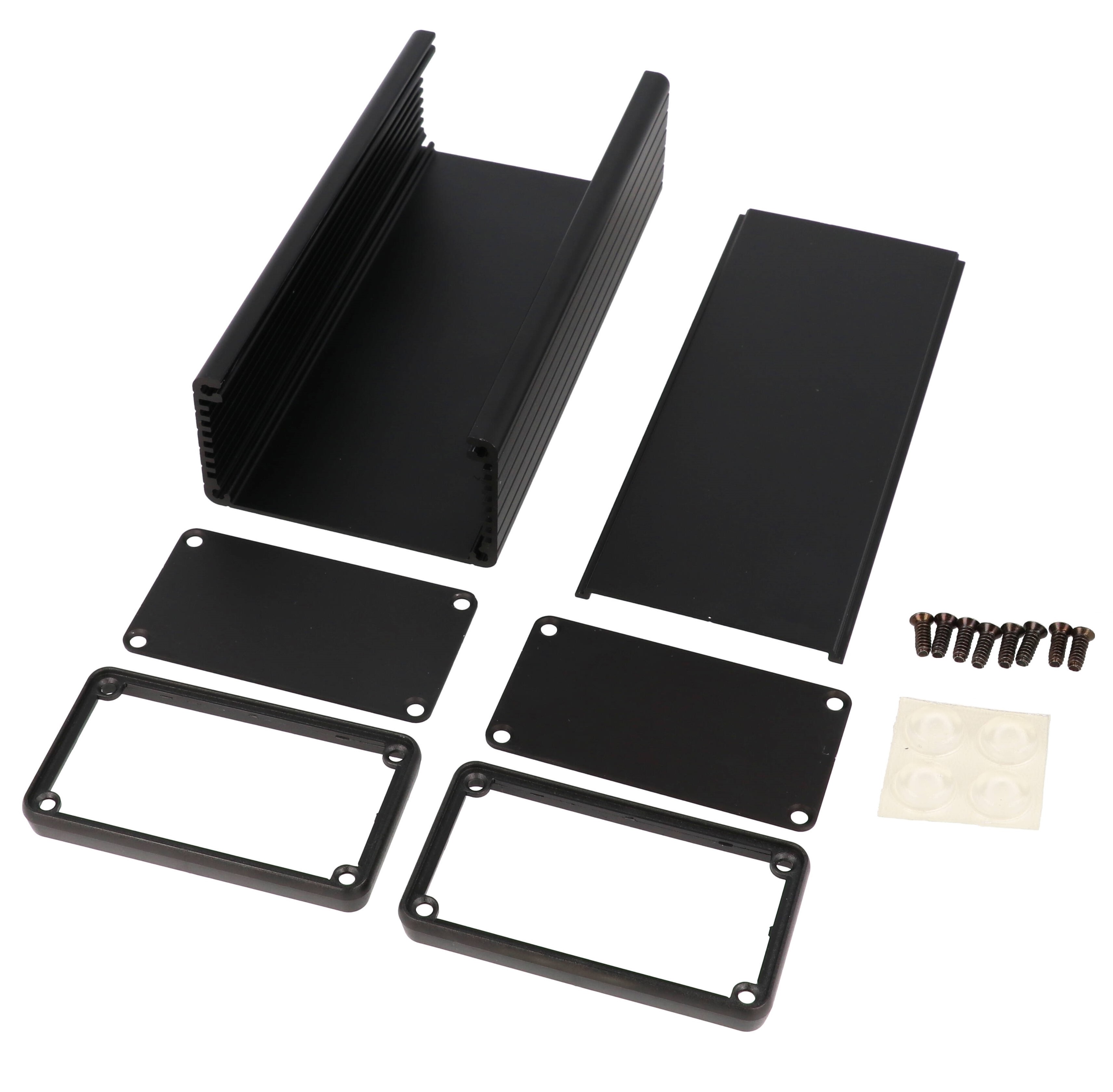 1455K1601BK black anodized 160 x 78 x 43 mm extruded aluminum enclosure with metal end panels