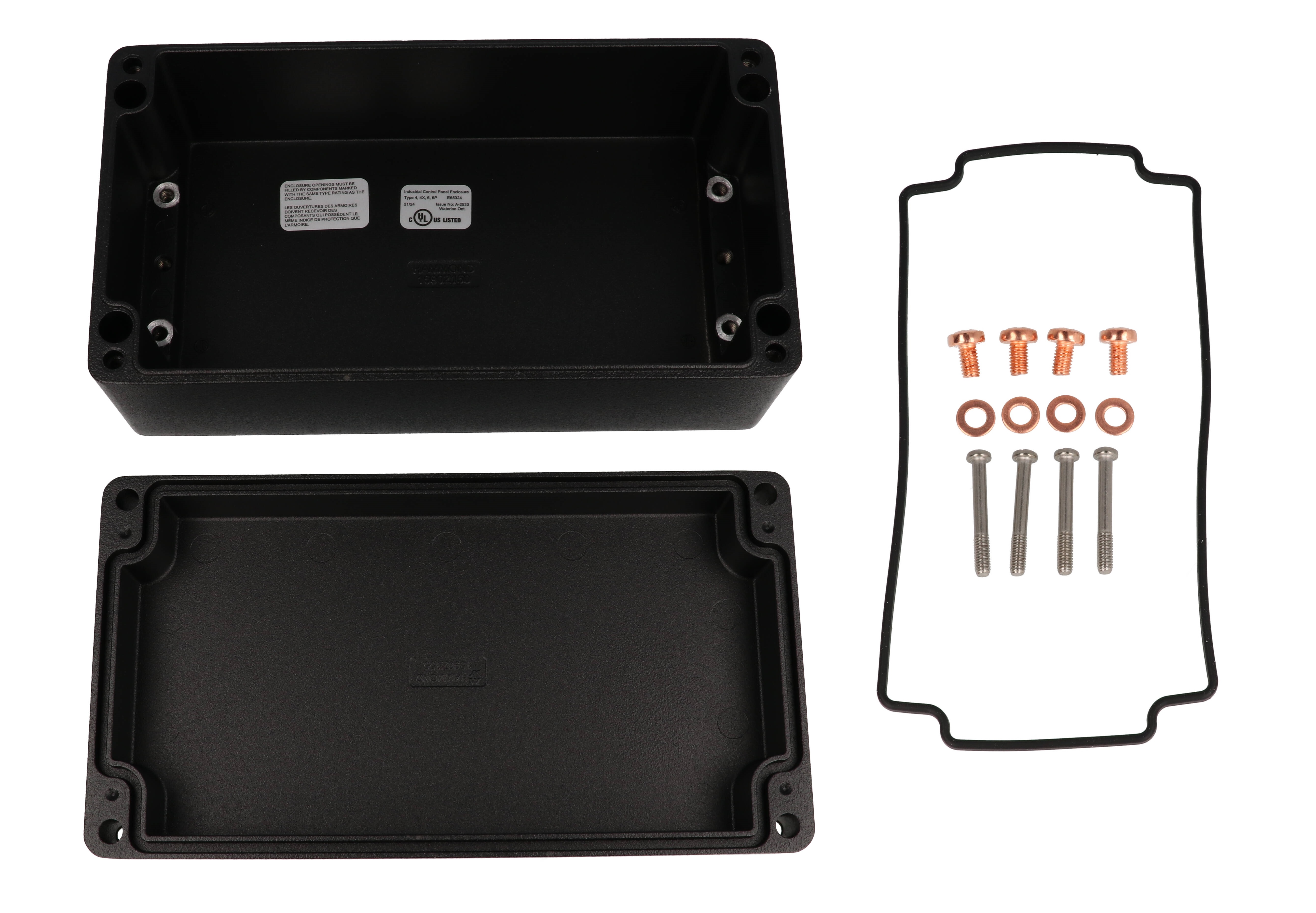 1590Z155BK textured black diecast aluminum enclosure, 221 x 121 x 90 mm
