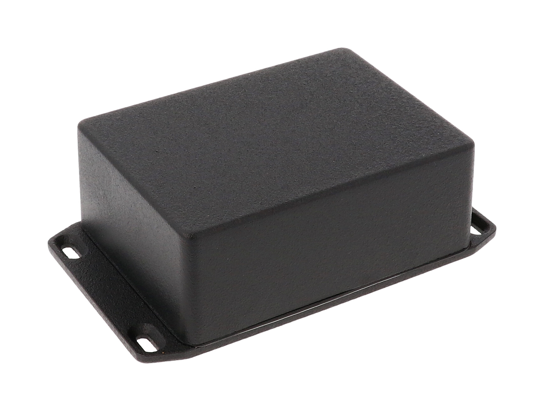 1590WSFLBK black textured IP65 water-tight diecast aluminum enclosure with a wall-mounting flanged lid, 110x82x44mm