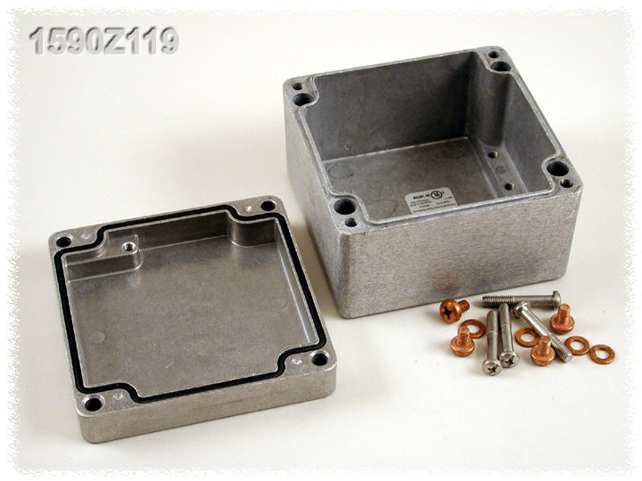 1590Z119 natural (unfinished) aluminum 122 x 120 x 82 mm heavy-duty diecast aluminum enclosure with gasketed lid