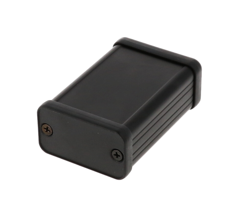1455D602BK black anodized extruded aluminum enclosure, 60 x 45 x 25 mm, with closed black plastic end panels