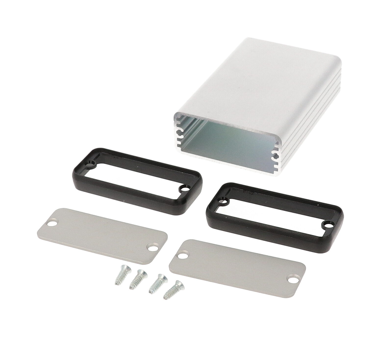 1455C801 clear anodized extruded aluminum PC board enclosure, 80 x 54 x 23 mm, with metal end panels