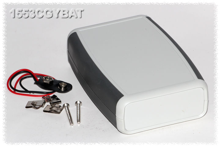 1553CGYBAT grey handheld enclosure with battery door and grey overmold