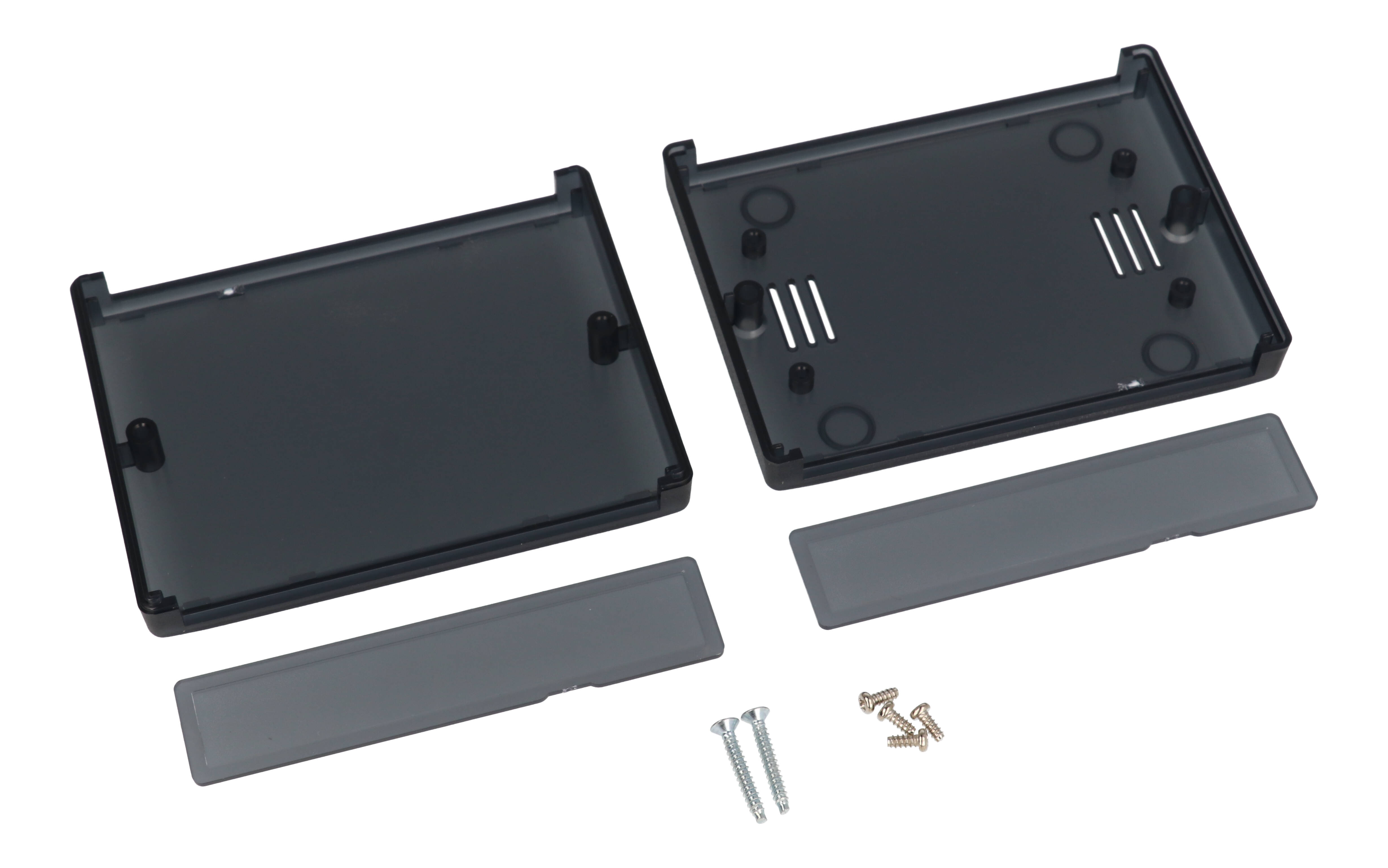 RM2005STBK translucent black ABS instrument enclosure, 105 x 80 x 25 mm clam shell case with front and rear panels