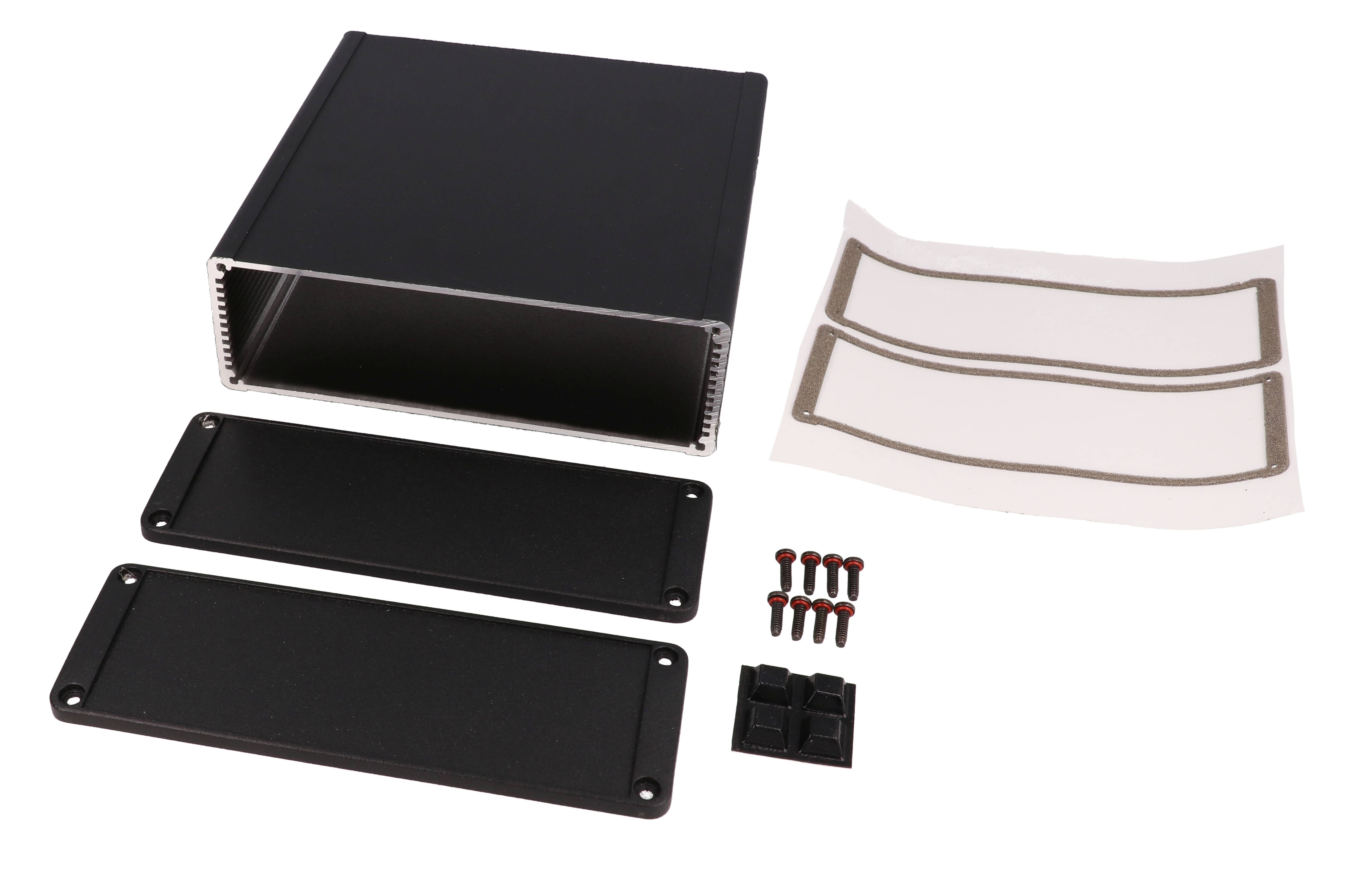 1457T1601EBK black powder coat EMI/RFI shielded extruded aluminum enclosure with flat black end panels, 160 mm x 165 mm x 55 mm