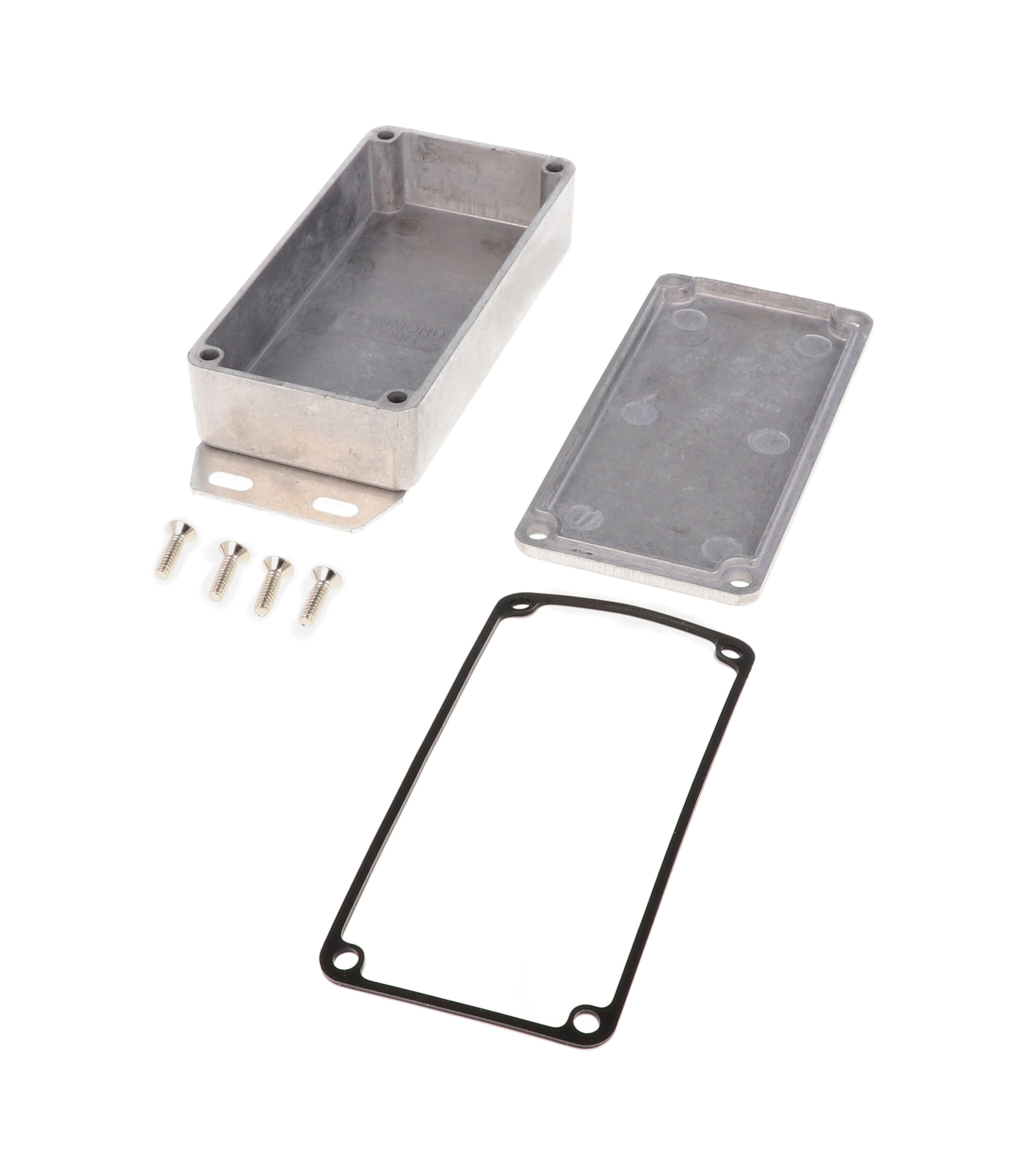1590WGF natural aluminum IP65 watertight diecast enclosure, 100 x 50 x 25 mm, with flanged bottom plate