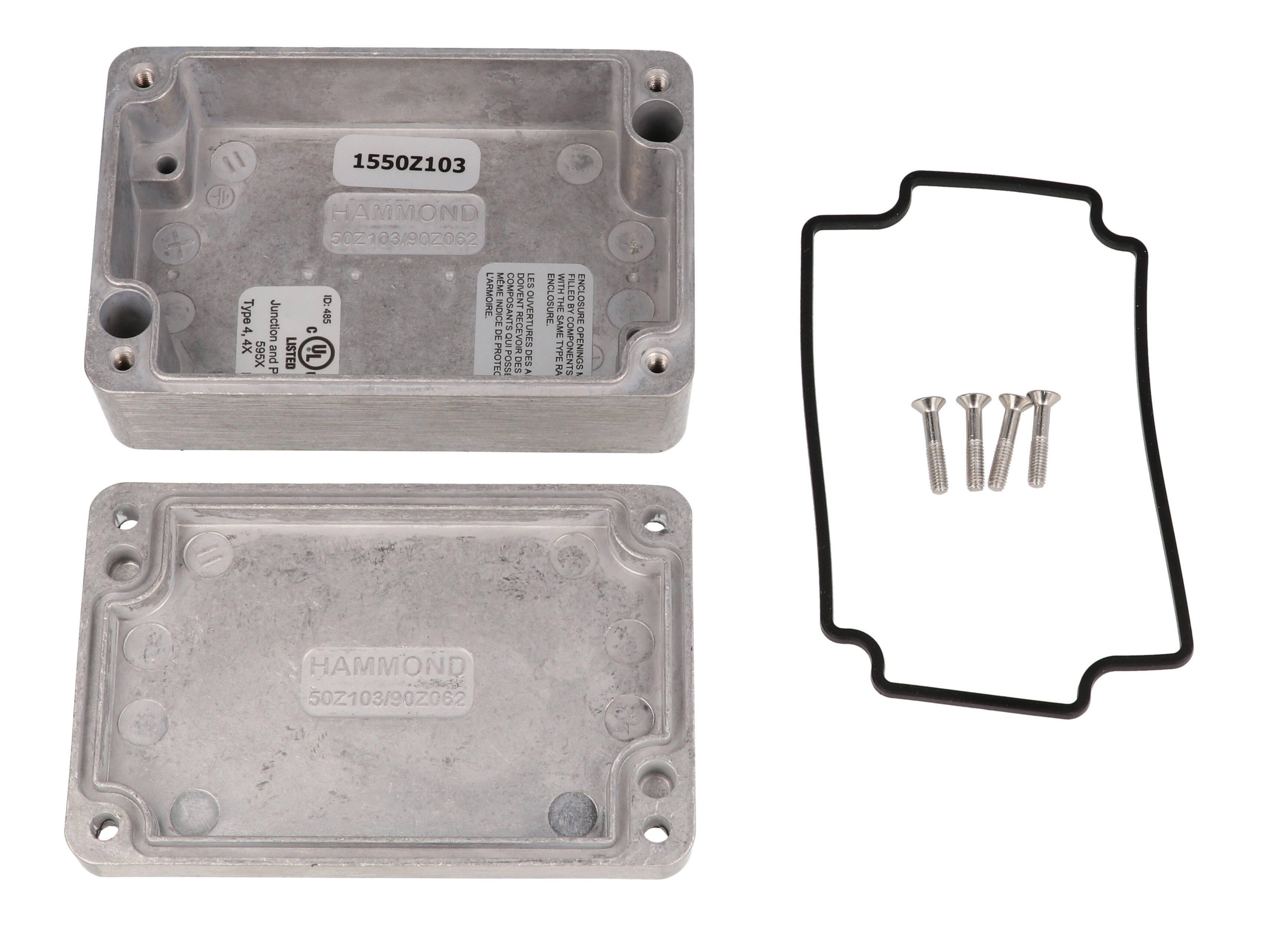 1550Z103 natural aluminum thick-wall watertight diecast enclosure with lid, 98 x 65 x 34 mm