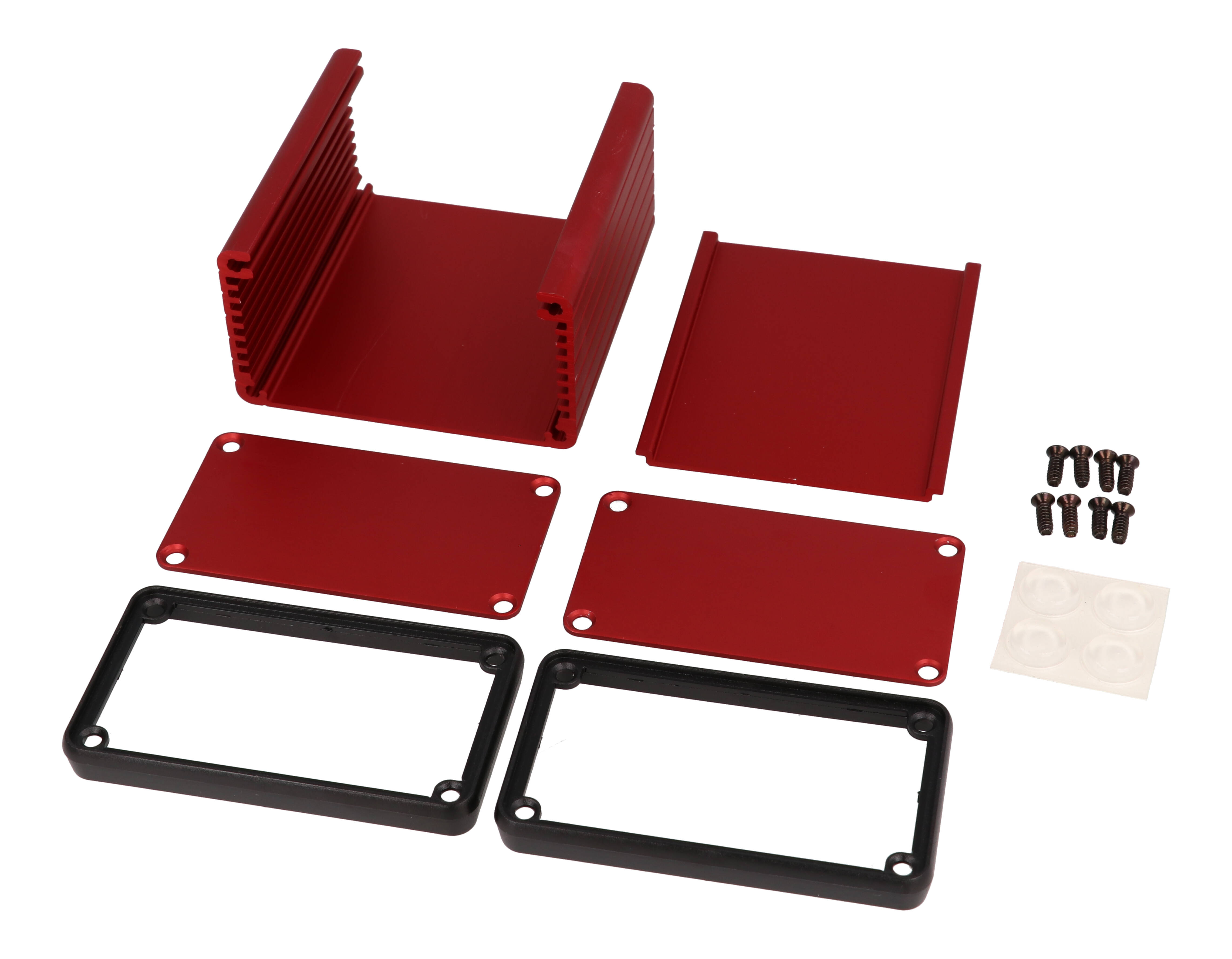 1455K801RD red anodized extruded aluminum enclosure, 80 x 78 x 43 mm, with metal end panels