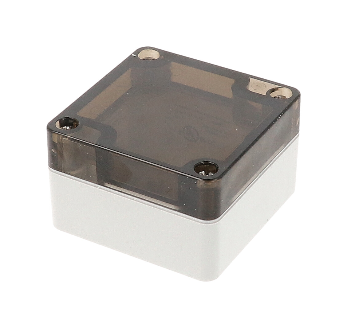 1554B2GYSL light gray polycarbonate enclosure with smoked lid, 65 x 65 x 41 mm