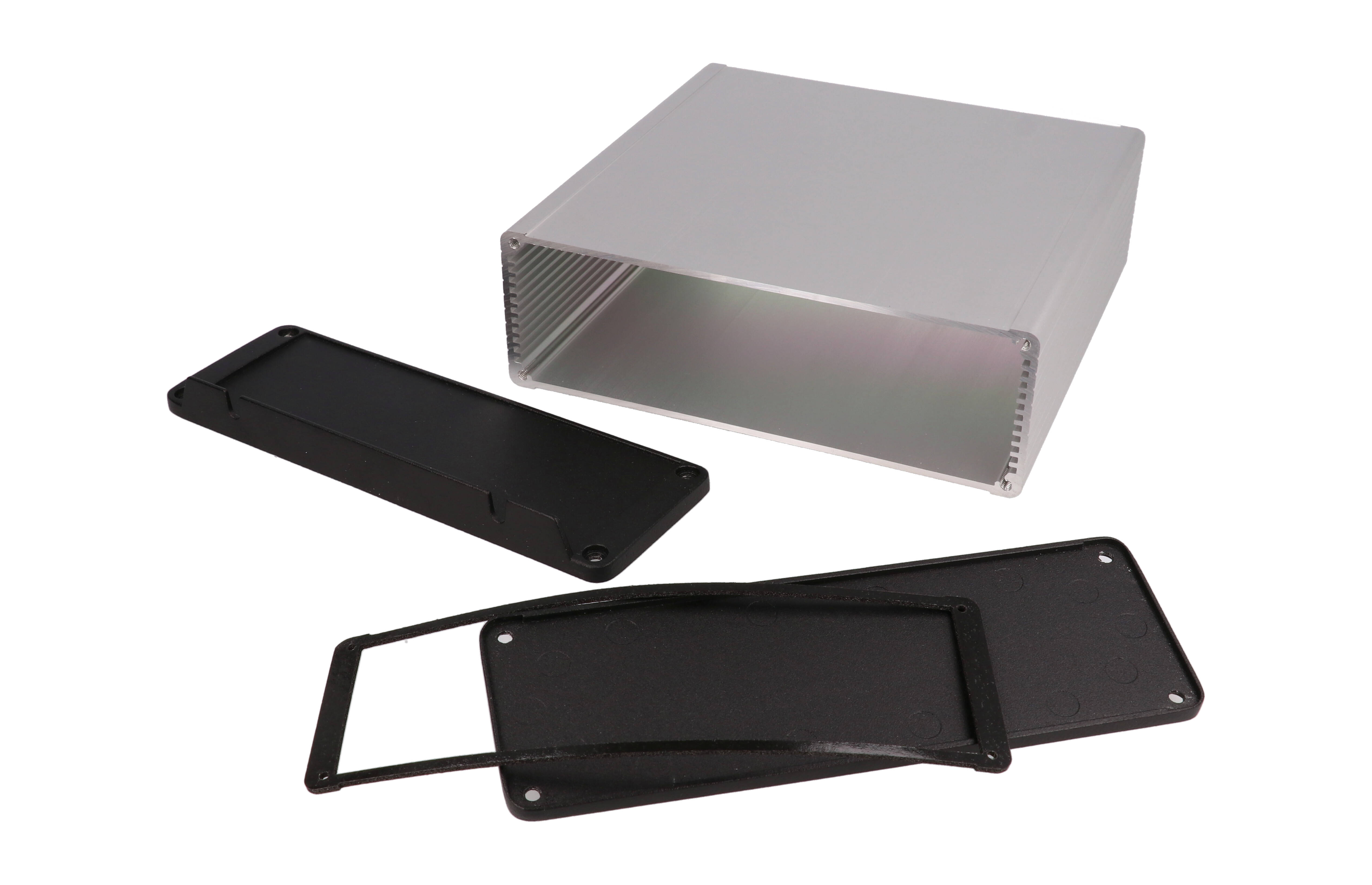 1457T1602 clear anodized 160 x 165 mm extruded aluminum enclosure with flanged black wall-mount end panels