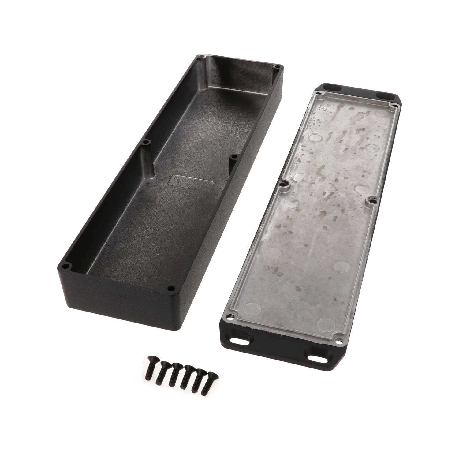 1590BX2FLBK long slim black textured diecast aluminum enclosure with flanged mounting lid