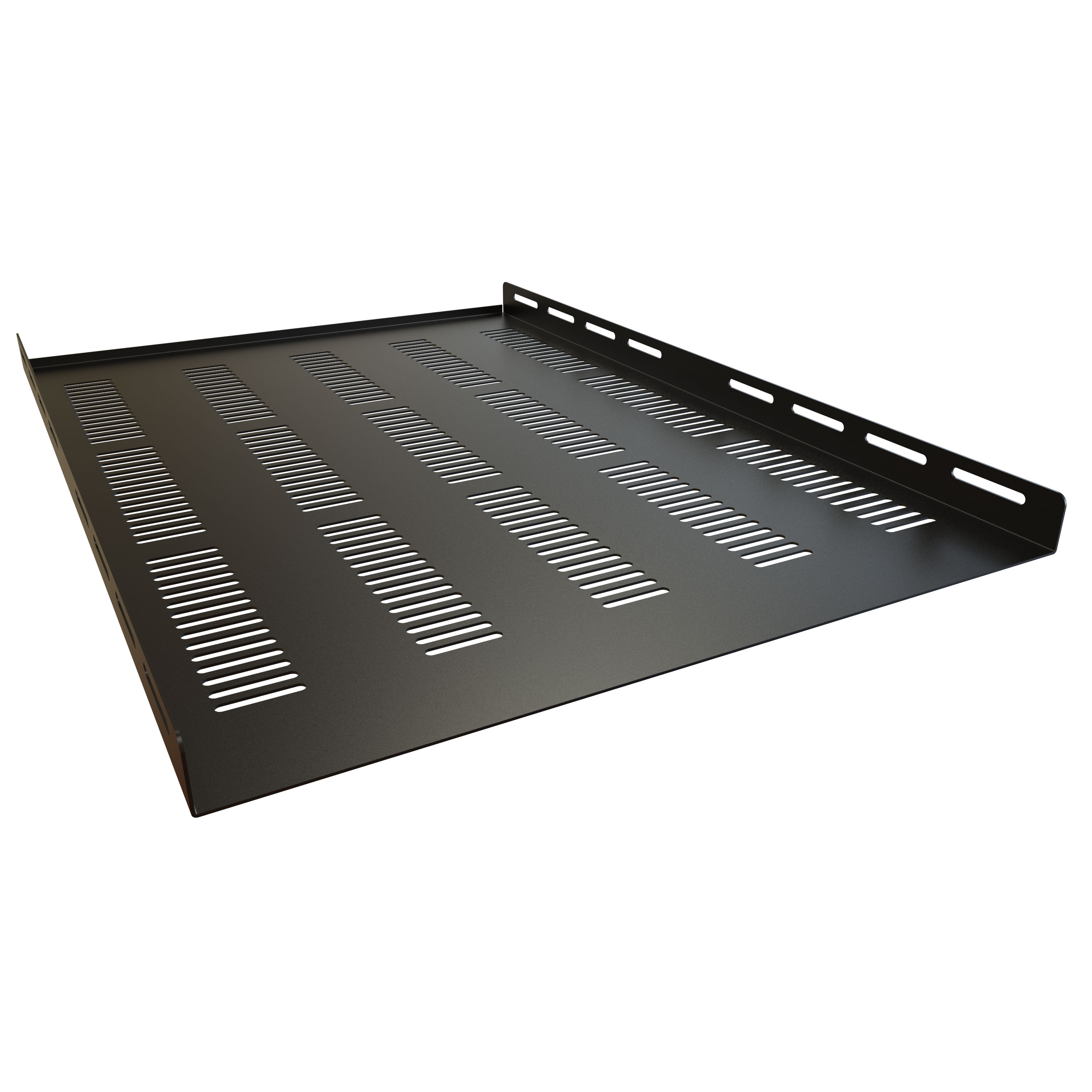 Hammond RZVS1921BK1 black vented steel side-mount fixed rack shelf, 20.84 in deep with upward-folded rear flange