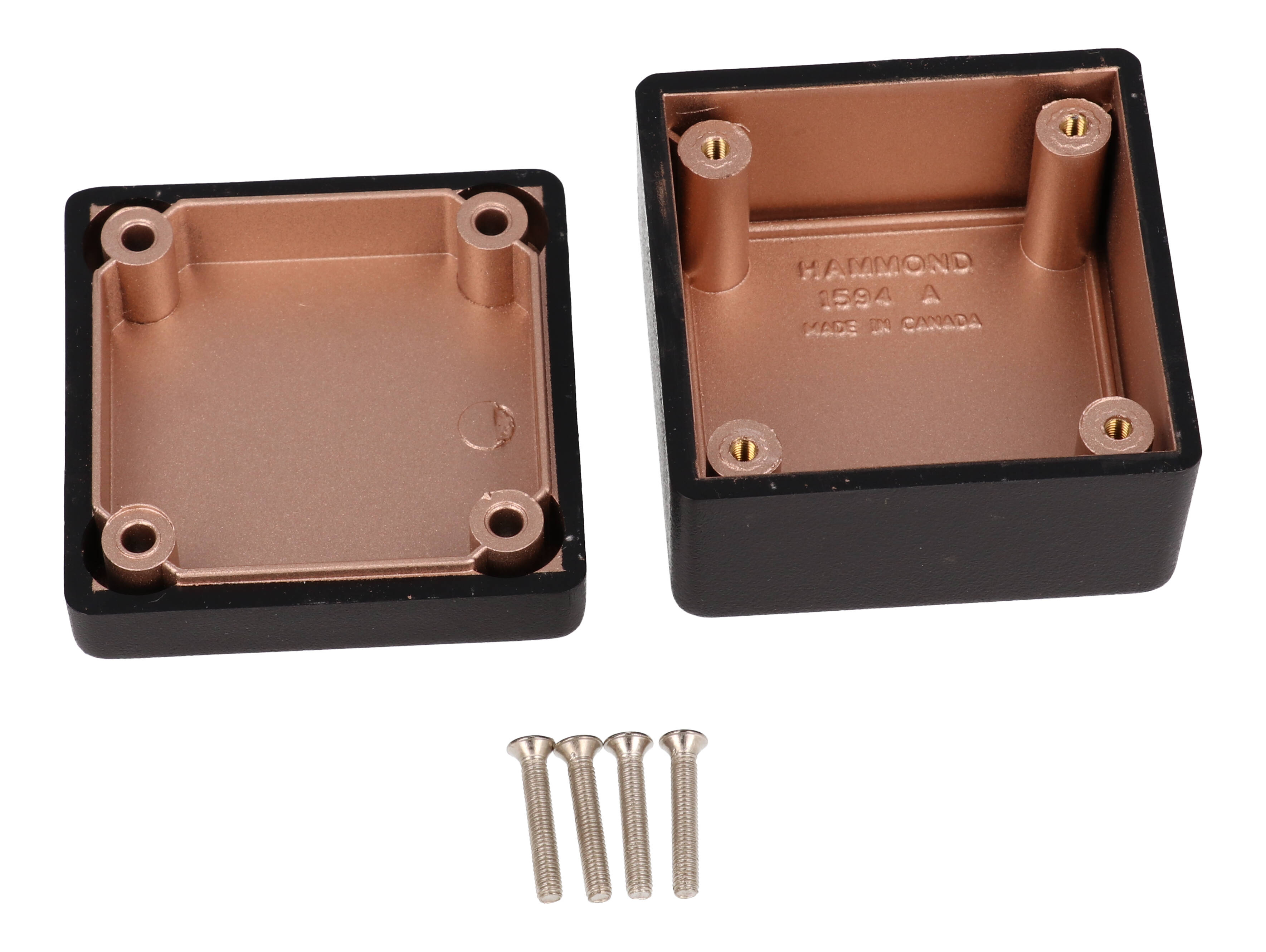 1594RABK black EMI/RFI shielded ABS enclosure with copper coated interior, 56 x 56 x 28 mm