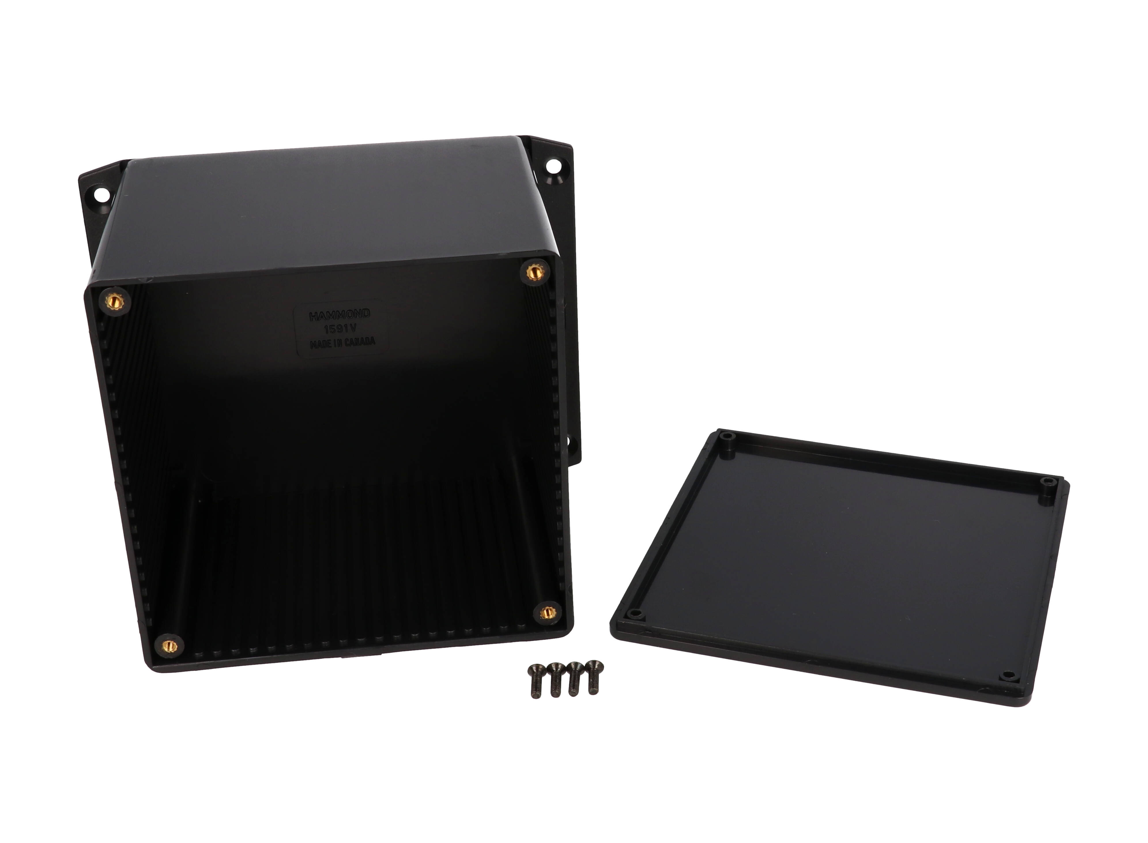 1591VF2BK black ABS plastic enclosure with bottom flange, 120 x 120 x 94 mm