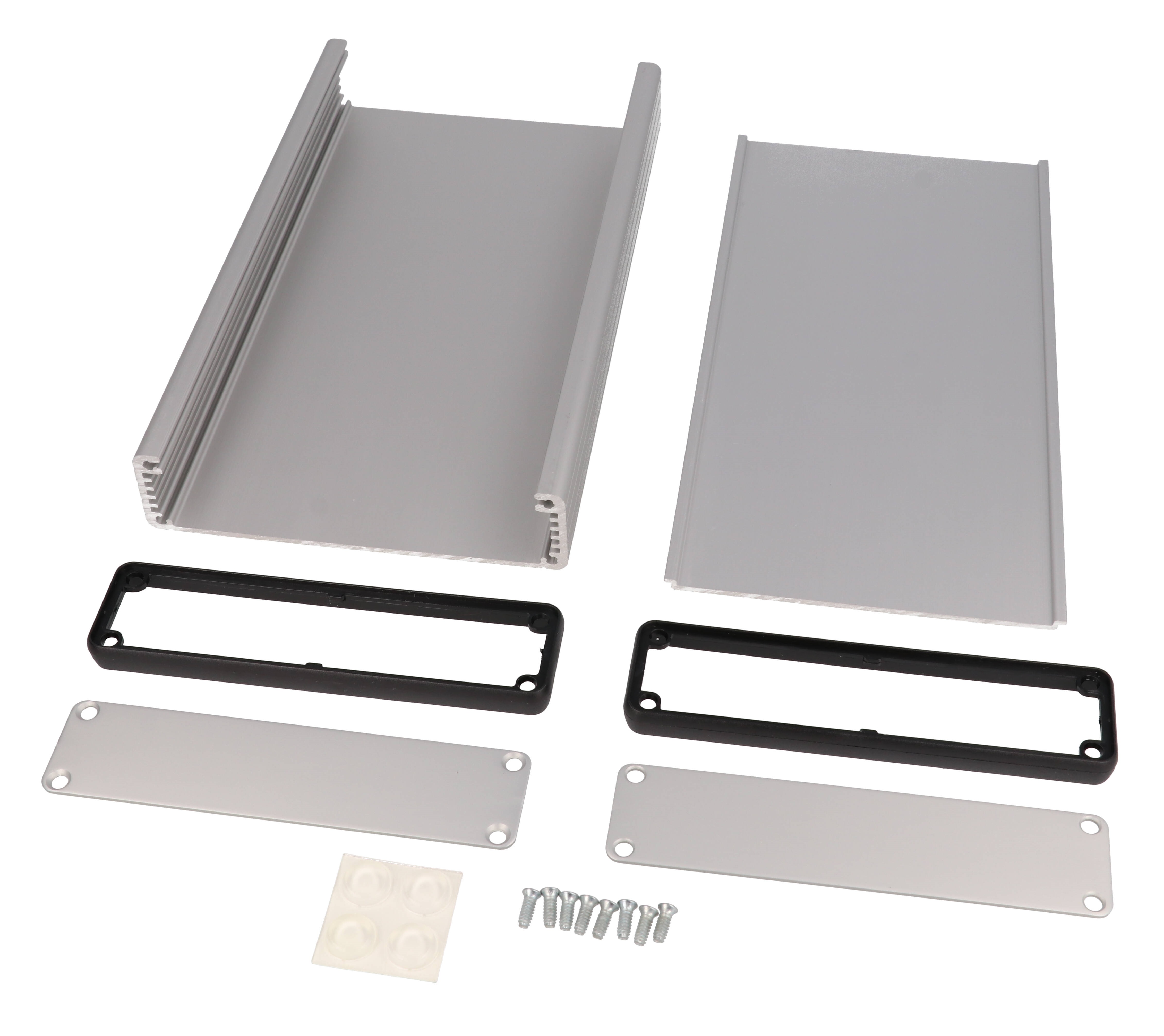 1455P2201 clear anodized extruded aluminum PC board enclosure, 220 x 125 x 30.5 mm, with aluminum end panels and open bezels