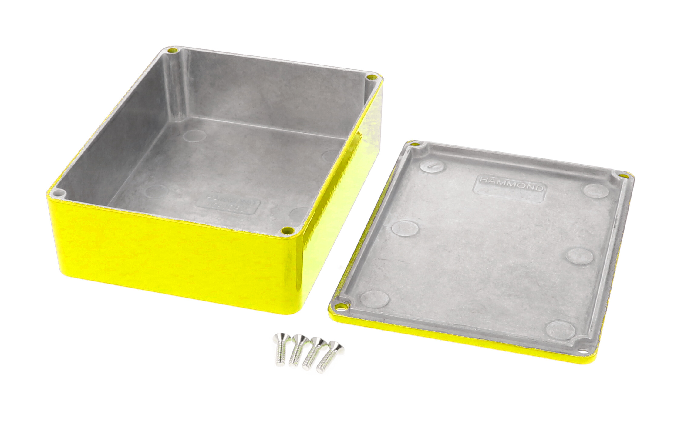 1590BB2YL yellow powder coated diecast aluminum stomp box enclosure, 120 x 94 x 38 mm, with lid