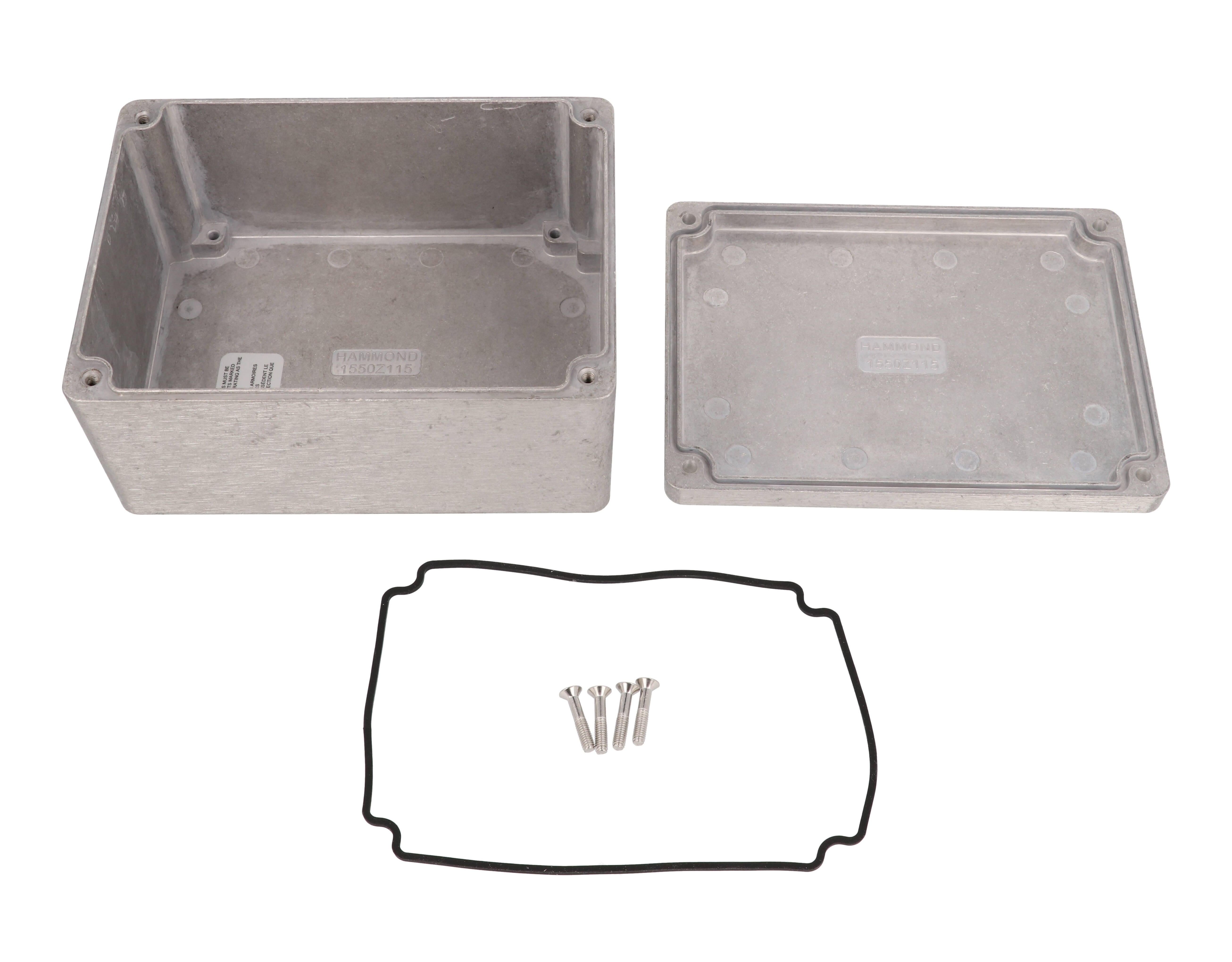 Hammond 1550Z115 natural unpainted watertight diecast aluminum enclosure, 148 x 108 x 75 mm, with lid and cover screws