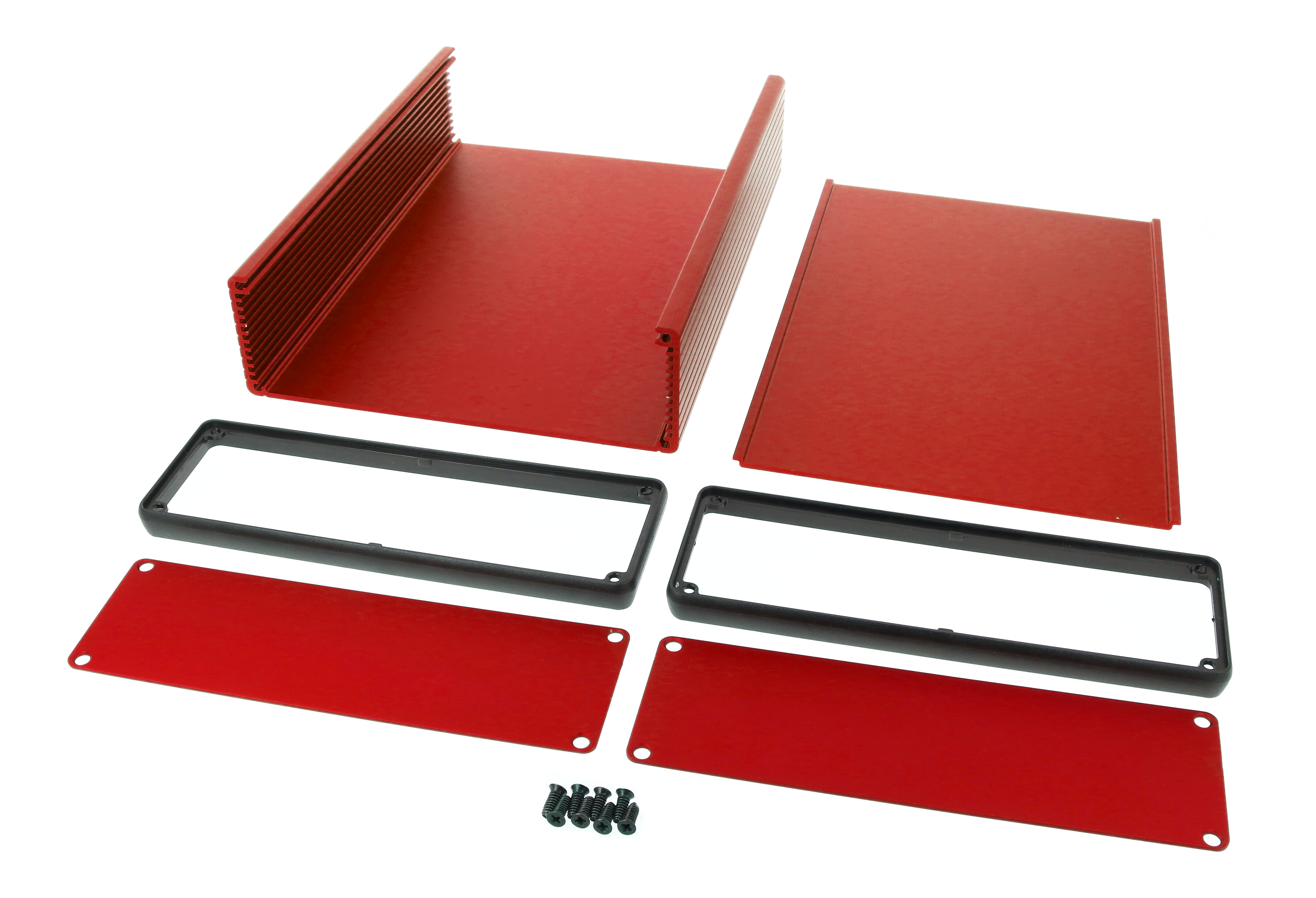 1455T2201RD red anodized extruded aluminum enclosure with red aluminum end panels and black bezels