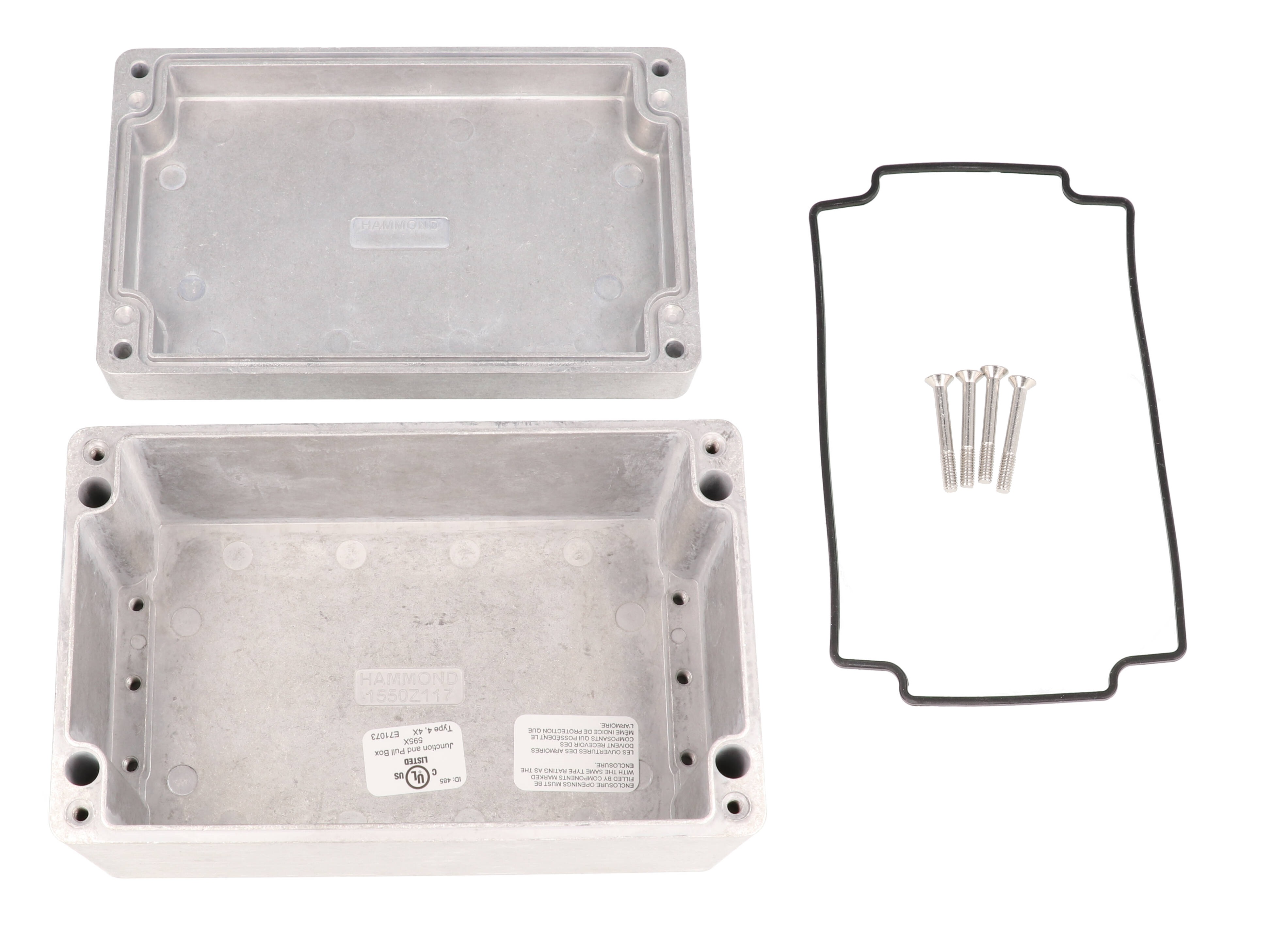 Hammond 1550Z117 natural unpainted watertight diecast aluminum enclosure, 160 x 100 x 81 mm, with lid and cover screws