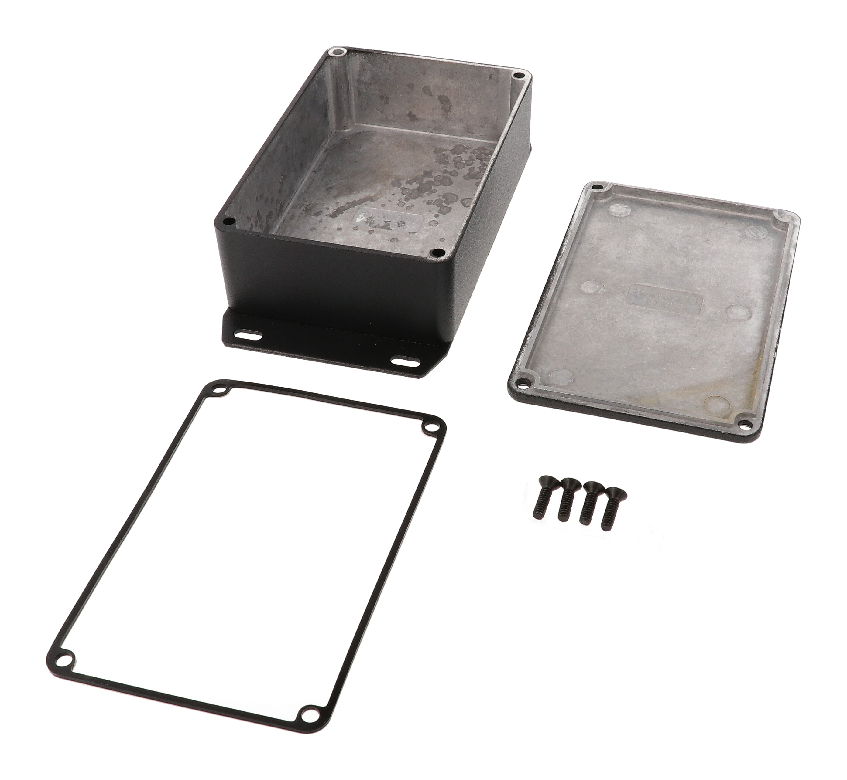 1590WB3FBK black textured IP65 watertight diecast enclosure, 116 x 77 x 38 mm, welded flanged bottom plate