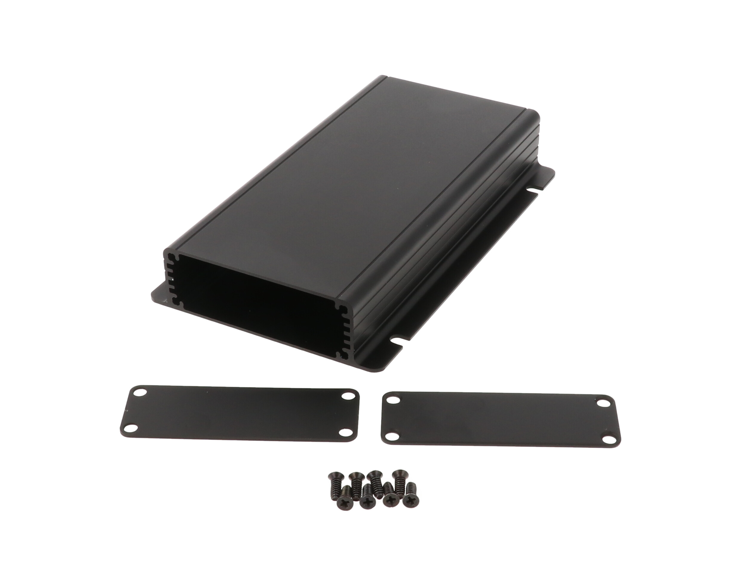 1455JF1601BK black anodized extruded aluminum enclosure with integrated slotted mounting flanges