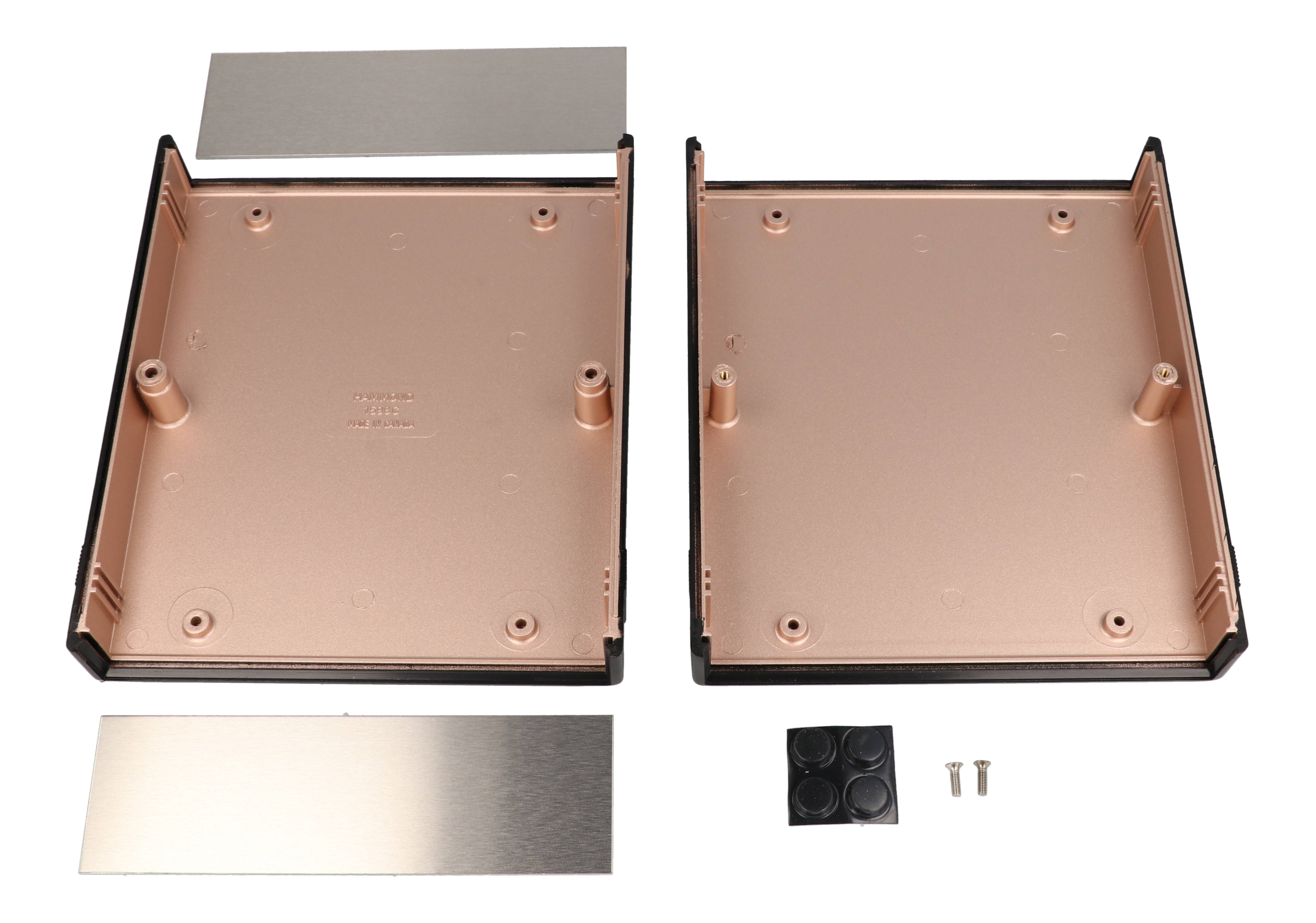 1598RCBK black ABS EMI/RFI shielded instrument enclosure, 179.5 x 154 x 51 mm, with brushed aluminum end panels — view 2