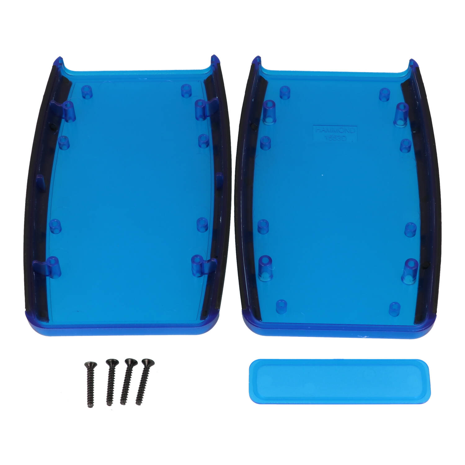 1553DTBUBK translucent blue ABS large handheld enclosure with black overmold