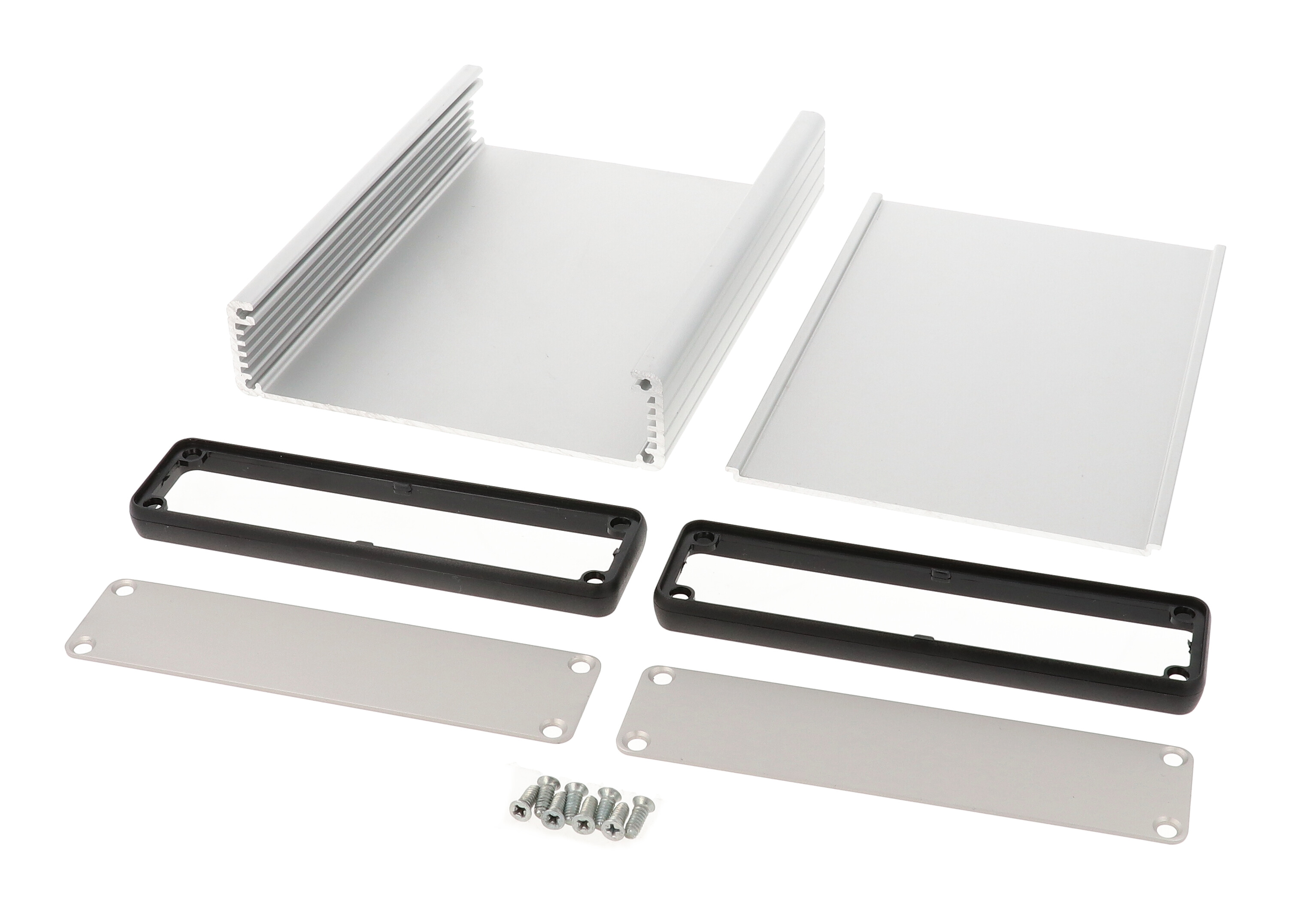 1455P1601 clear anodized extruded aluminum PC board enclosure, 160 x 125 x 30.5 mm, with metal end panels and open bezels